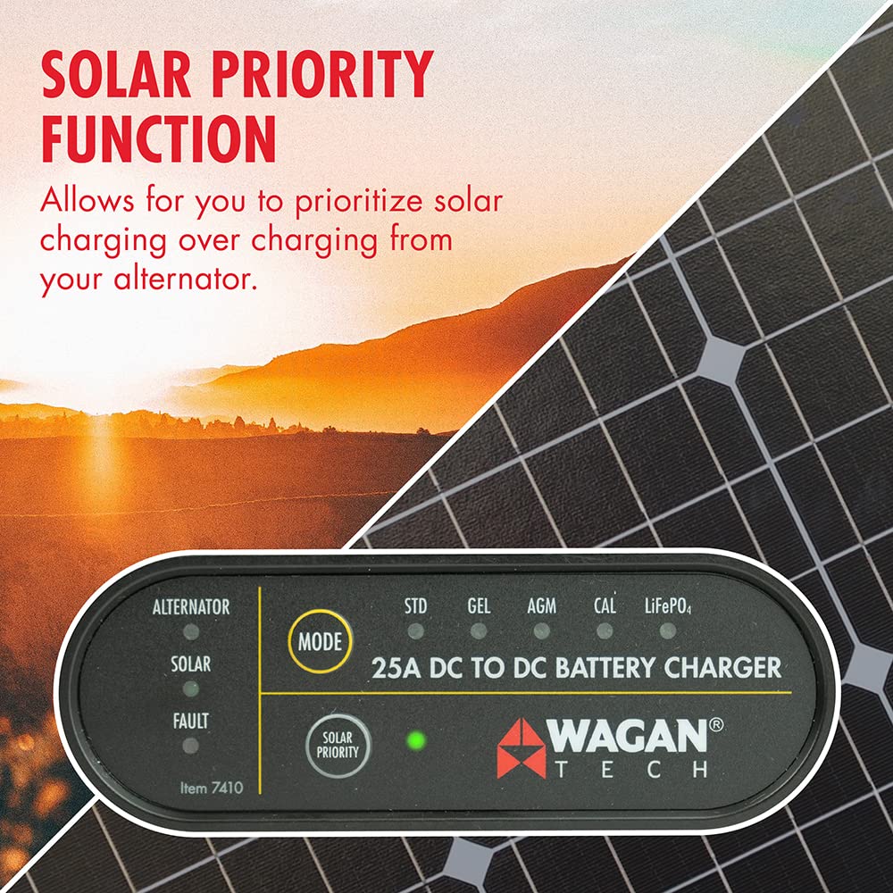Wagan 12V EL7410 25A DC to DC Battery Charger with Solar Input MPPT Controller for SLA, Flooded, Gel, AGM, Calcium and Lithium, Using Multi-Stage Charging in RVs, Vehicles, Boats and Yachts