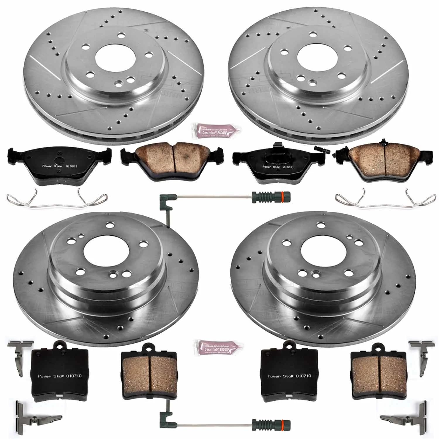 Power Stop K4420 Z23 Carbon Fiber Brake Pads Front and Rear with Drilled & Slotted Brake Rotors Kit and 2 Front Sensor Wires For Chrysler Crossfire, Mercedes-Benz SLK320 [Model Specific]