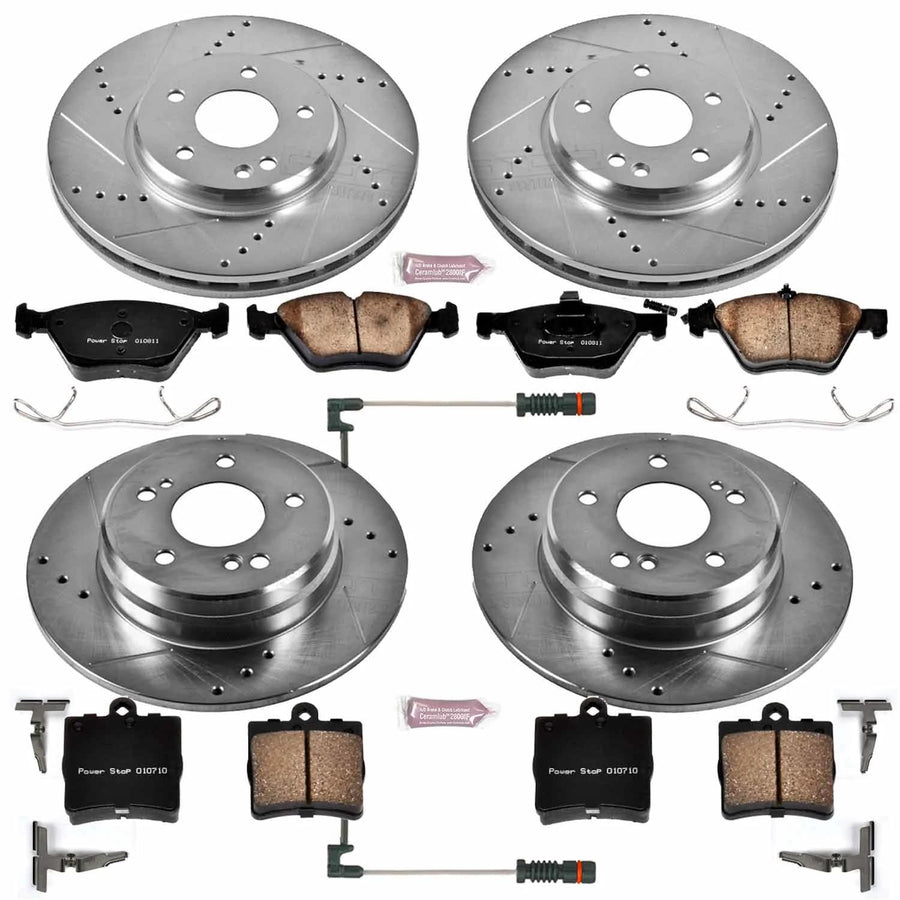 Power Stop K4420 Z23 Carbon Fiber Brake Pads Front and Rear with Drilled & Slotted Brake Rotors Kit and 2 Front Sensor Wires For Chrysler Crossfire, Mercedes-Benz SLK320 [Model Specific]