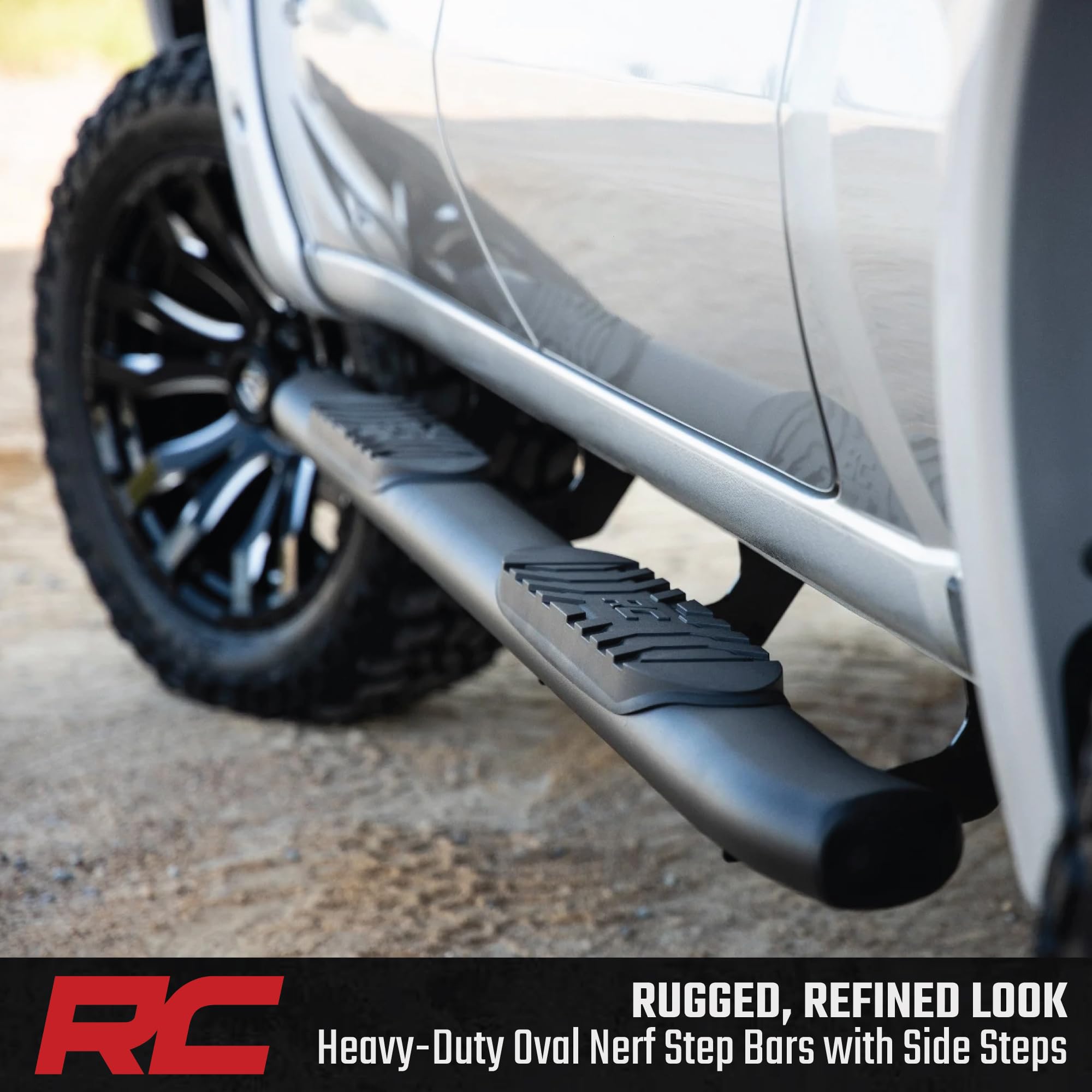 Rough Country Nerf Steps Oval for Chevy Silverado & GMC Sierra 1500/2500HD/3500HD Crew Cab (2019-2026) - OEM Style Rails with Built-in Side Steps