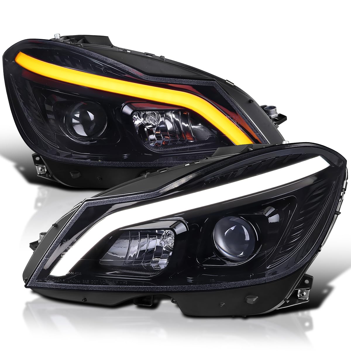 Black Smoke SPEC-D TUNING Switchback Sequential LED Tube Projector Headlights Compatible with 2012-2014 Mercedes-Benz W204 C-Class C250 C300 C350 C63, Left + Right Pair Headlamps Assembly