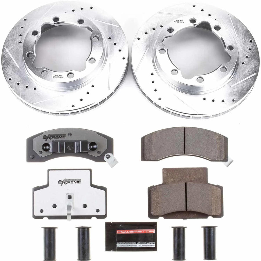 Power Stop Front Brake Kit For Chevrolet K3500 1990 1991 1992 1993 1994 1995 1996 1997 1998 1999 2000 - Truck & Tow Carbon Fiber Ceramic Brake Pads & Drilled and Slotted Rotors Replacement, K1992-36