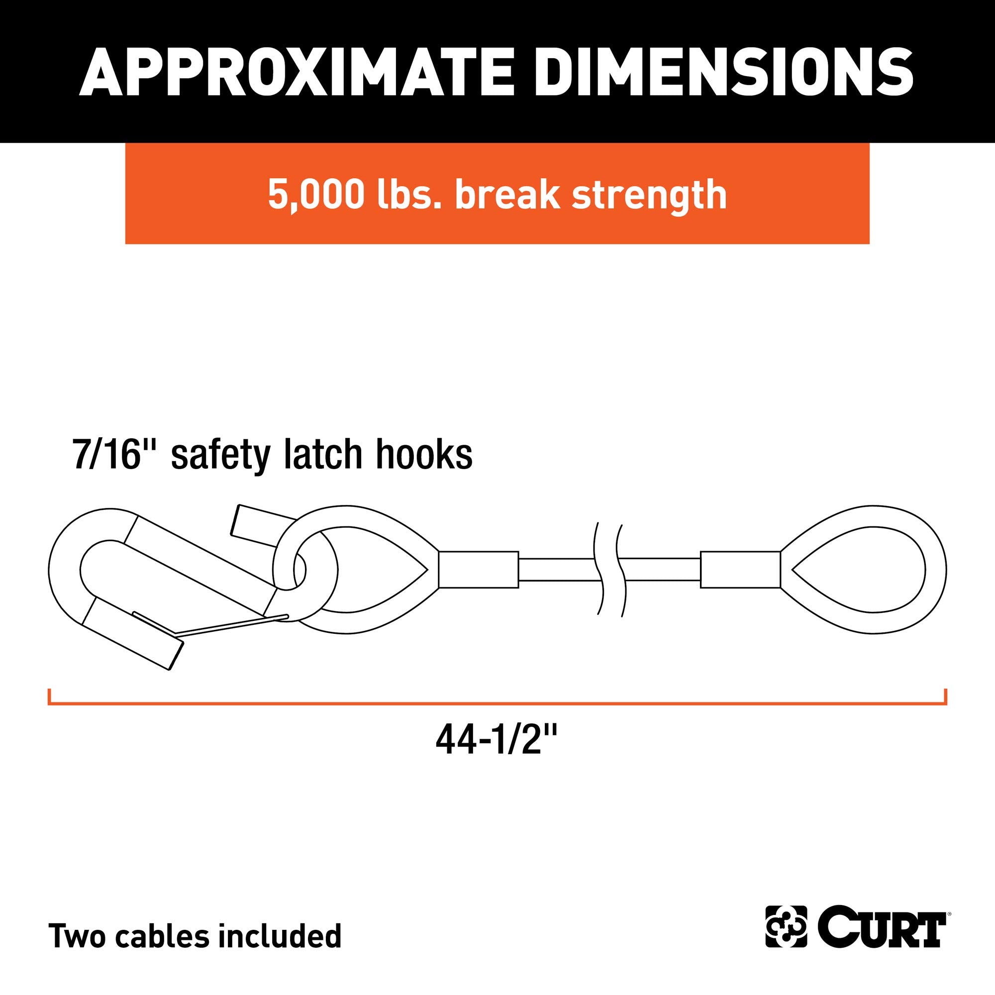 CURT 80151 Vinyl-Coated 44-1/2-Inch Trailer Safety Cables, 7/16-In Snap Hooks, 5,000 lbs Break Strength, 2-Pack