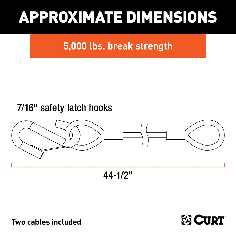 CURT 80151 Vinyl-Coated 44-1/2-Inch Trailer Safety Cables, 7/16-In Snap Hooks, 5,000 lbs Break Strength, 2-Pack
