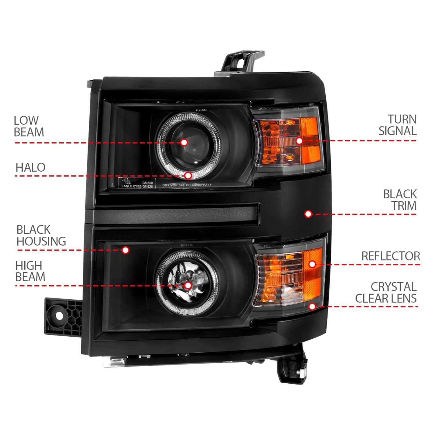 PROJECTOR CHEVY SILVERADO 14 -15 LED HALO HEADLIGHTS BLACK W/ BLACK TRIM