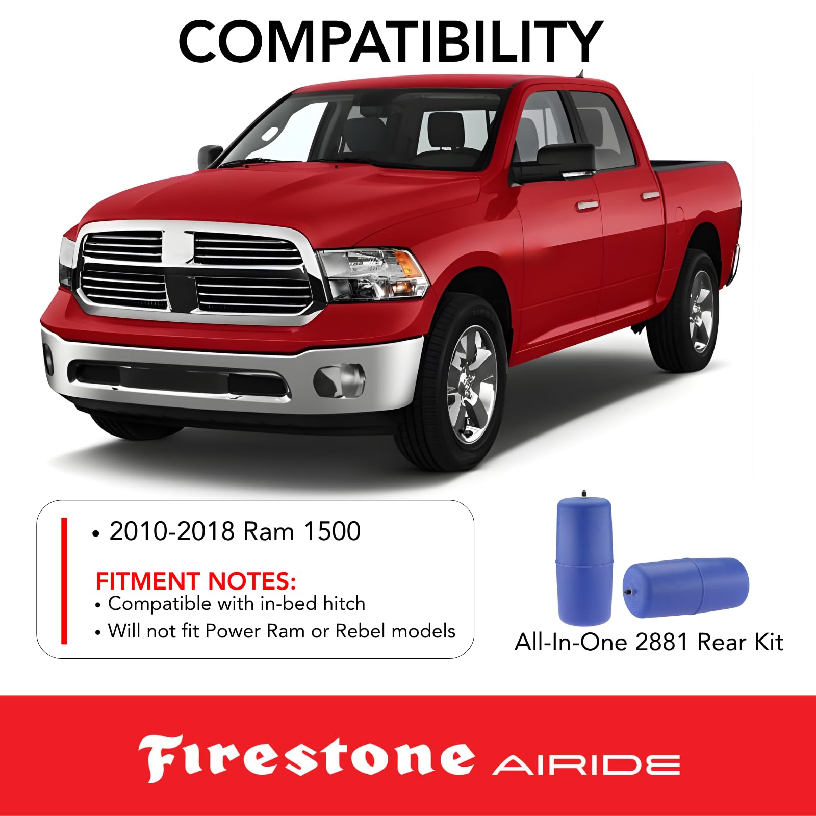 Firestone 2881 Airide All-In-One Analog Rear Air Spring Kit fits 2010-2018 Ram 1500 (Excluding Power Ram and Rebel models) | Up to 5,000 lbs Load Capacity | 5-100 PSI | Easy Installation