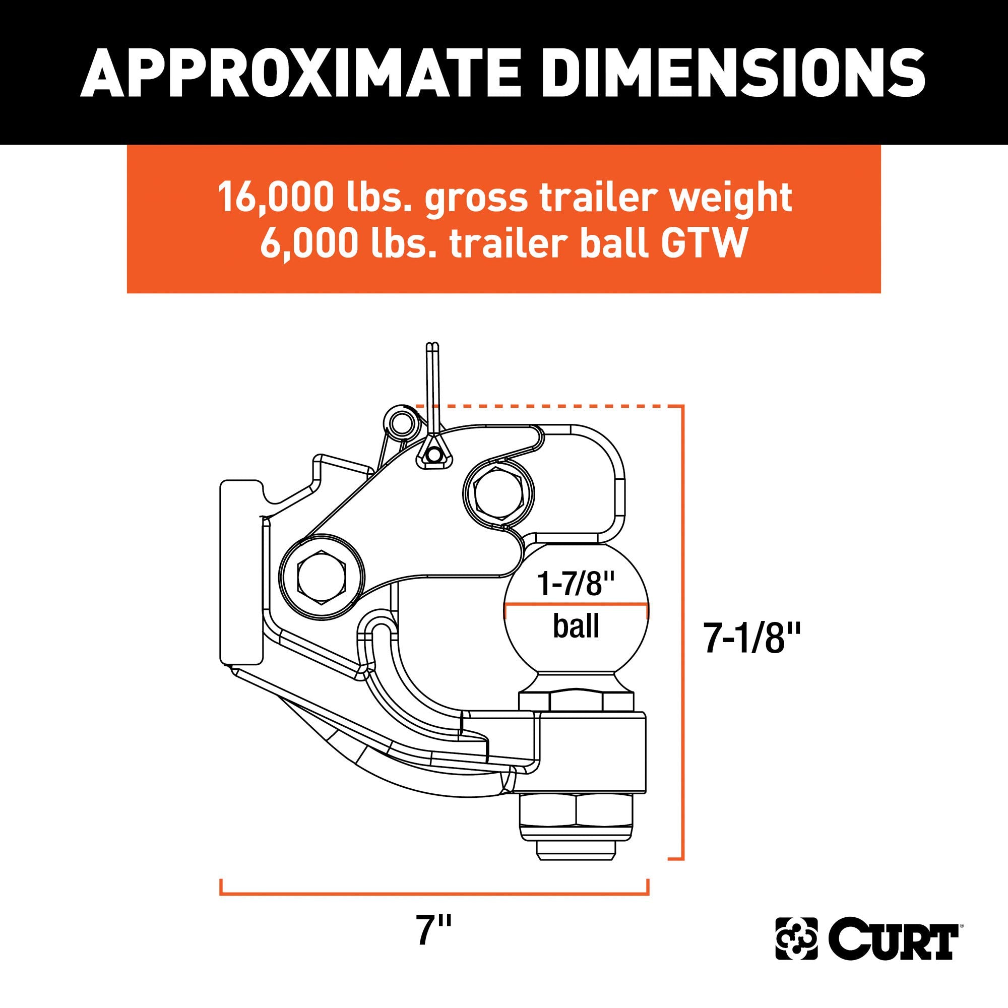 CURT Pintle Hitch with 1-7/8-Inch Trailer Ball, 16,000 lbs, Mount Required 48180