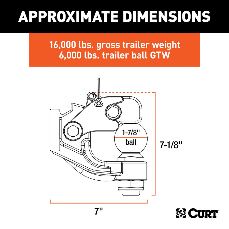 CURT Pintle Hitch with 1-7/8-Inch Trailer Ball, 16,000 lbs, Mount Required 48180