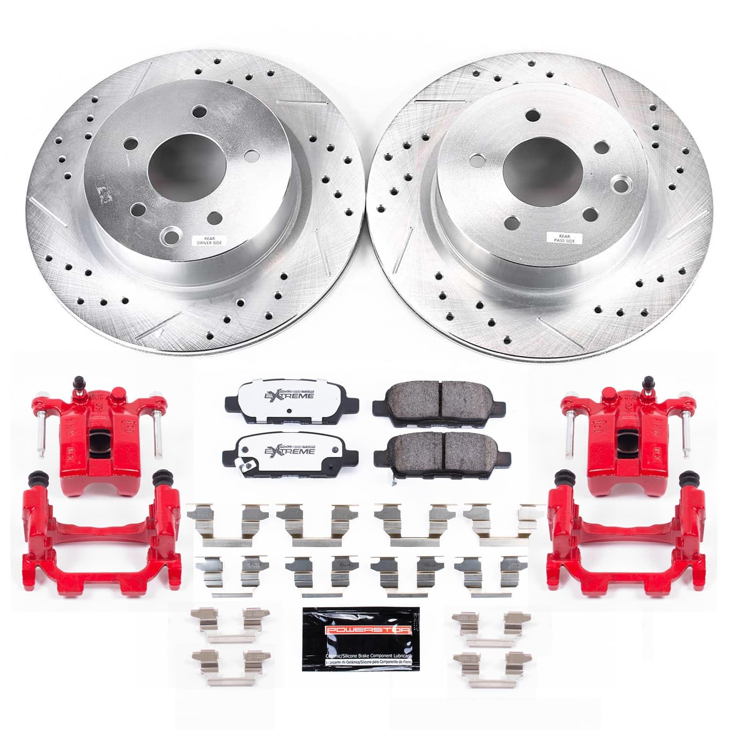 Rear Z26 Street Warrior Brake Pads and Rotors Kit POWERSTOP with Red Powder Coated Calipers For INFINITI EX35 2008-2009, INFINITI M35 2010, INFINITI M45 2010, Nissan 370Z 2009 [Vehicle Specific]