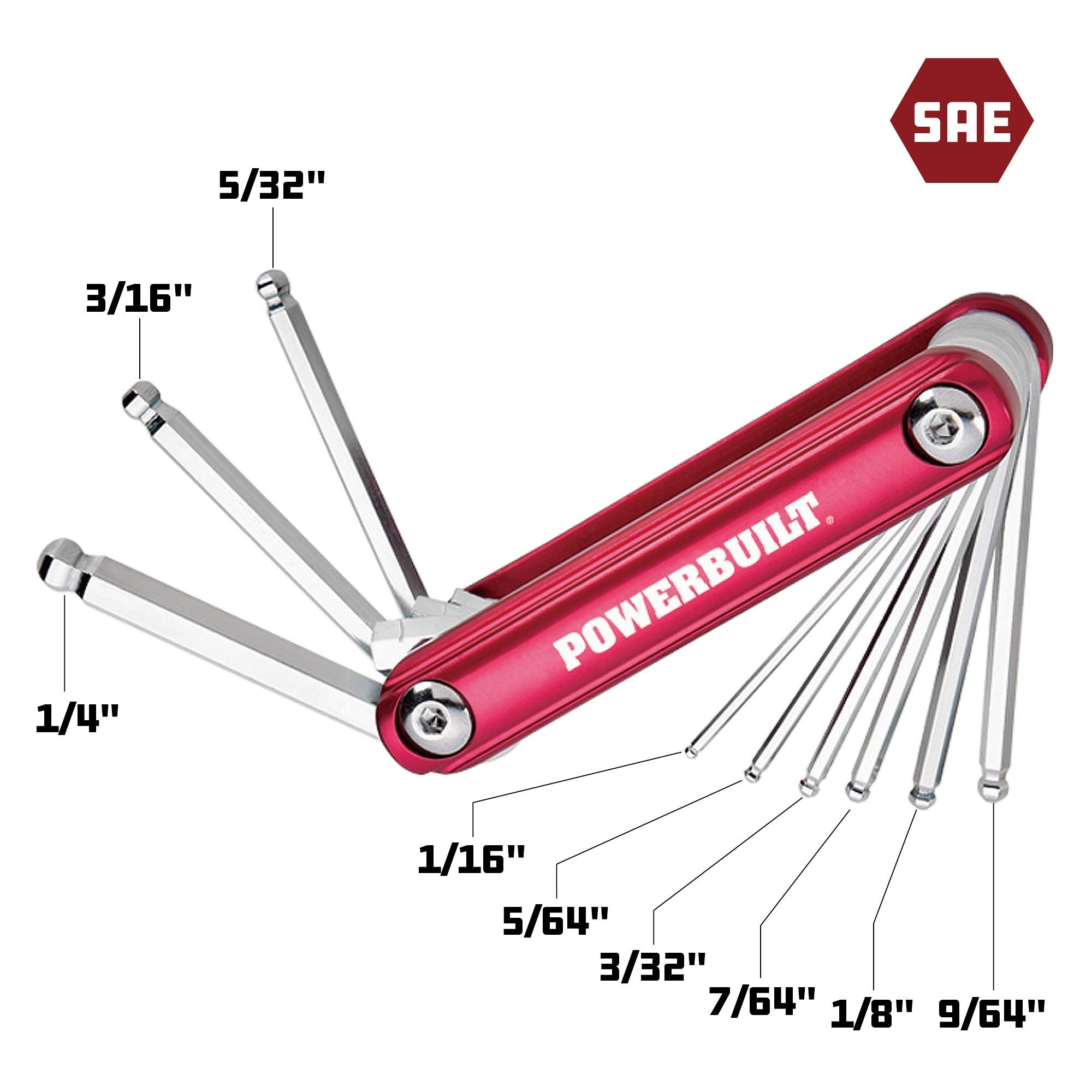 Folding Powerbuilt 940953 Hex Key Wrench Set Ball-End SAE (9 Piece) (1/16" - 1/4")