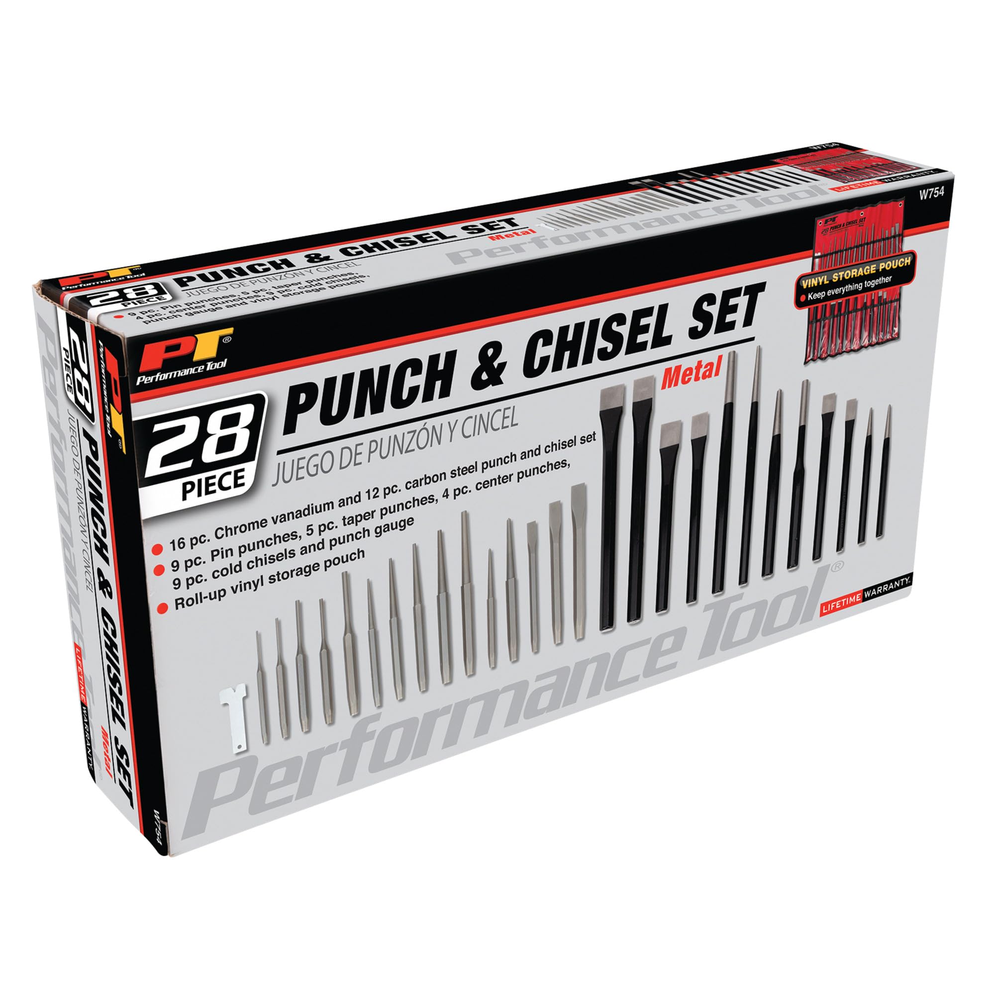 W754 Performance Tool 28-Piece Punch and Chisel Set - Strong Chrome Vanadium Steel, Heat Treated and Tempered Carbon Steel, with Roll-Up Storage Pouch