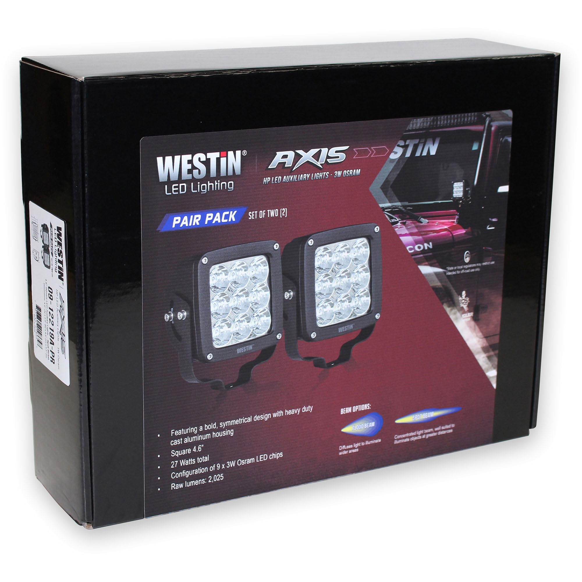 Axis LED Auxiliary Flood Light Westin 09-12219B-PR LED Auxiliary Light 4.5x4.5 in. Square 3W (Set of 2)