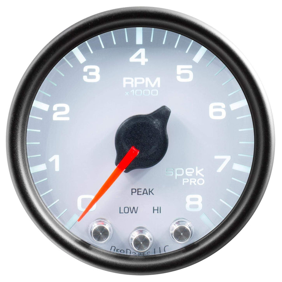 Gauge AUTO METER P33412 Tachometer (Spek-Pro Gauge, Tach, 2 1/16", 8K RPM,with Shift Light & Peak Mem, Wht/Blk, Spek-Pro)