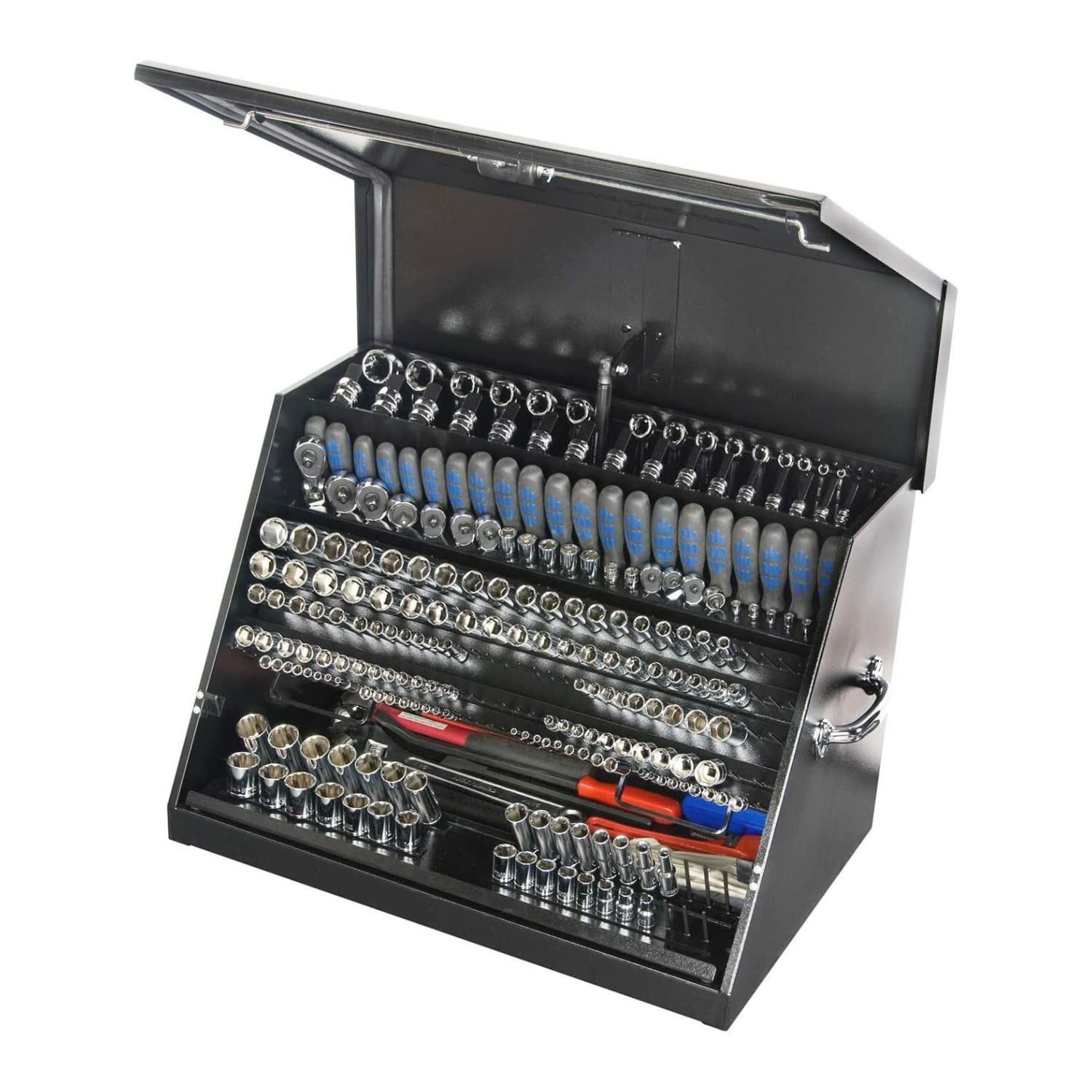 LA400B – Montezuma – 30-Inch Portable TRIANGLE Toolbox – Multi-Tier Design – 16-Gauge Construction – SAE and Metric Tool Chest – Weather-Resistant Toolbox – Lock and Latching System