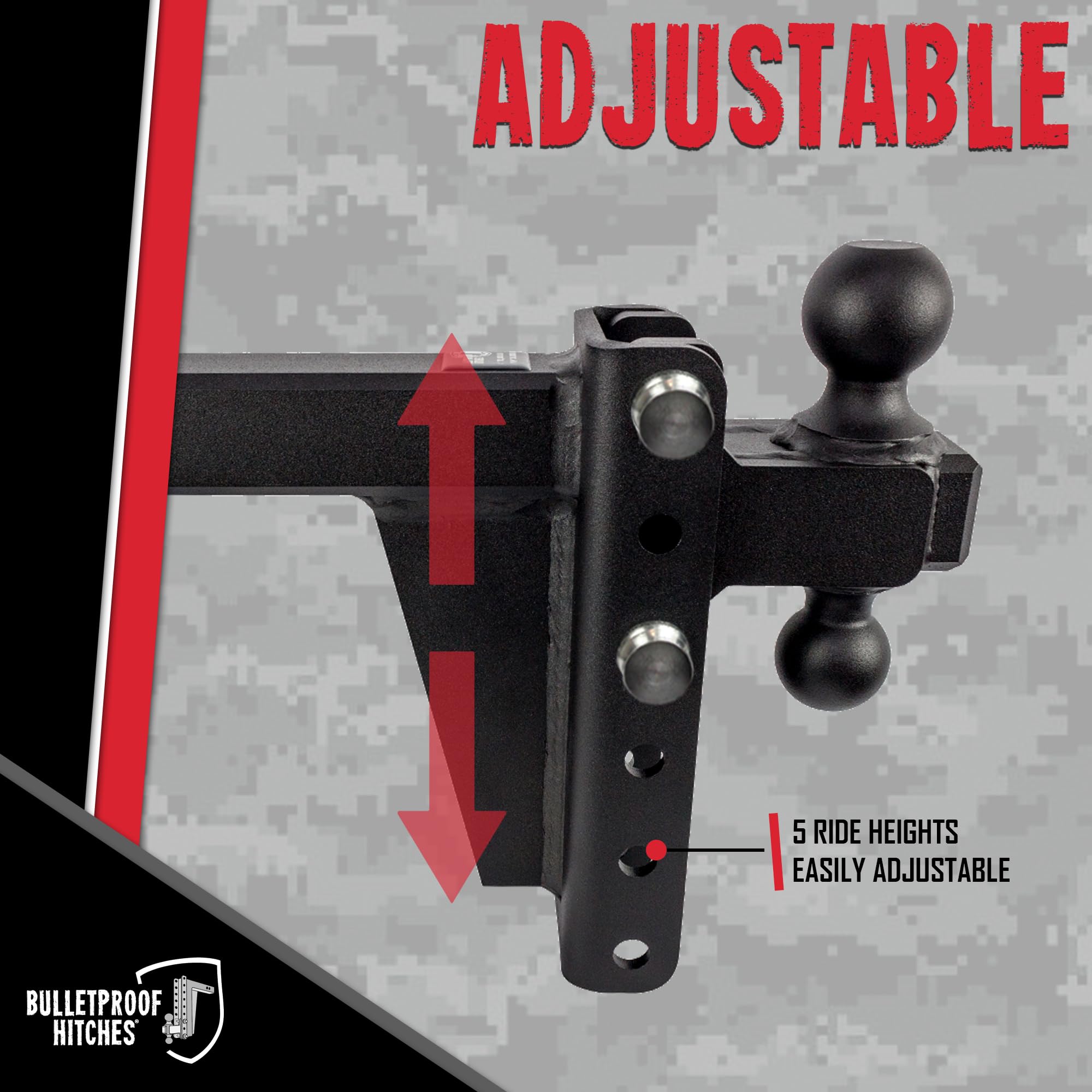 2.0" BulletProof Hitches Adjustable Heavy Duty Trailer Hitch (22,000 lb. Rating) - 8" Drop/Rise Trailer Hitch with 2" & 2-5/16" Dual Ball - Powder Coat, Solid Steel, Corrosion-Resistant