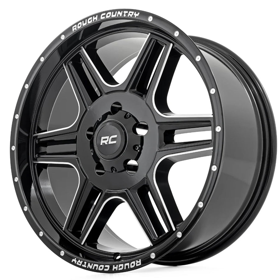 92 Series Rough Country Wheel - 18x9, 5x5.5 Bolt Pattern, +0mm Offset, Single-Piece Aluminum, Gloss Black with Milled Accents