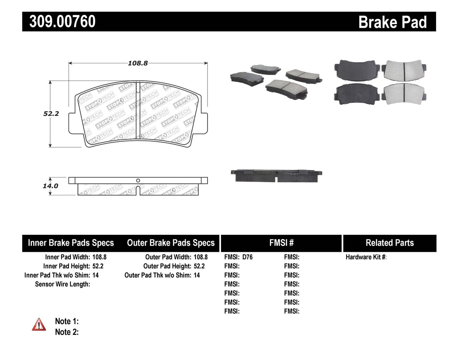 Sport Brake Pads StopTech 309.00760 with Shims