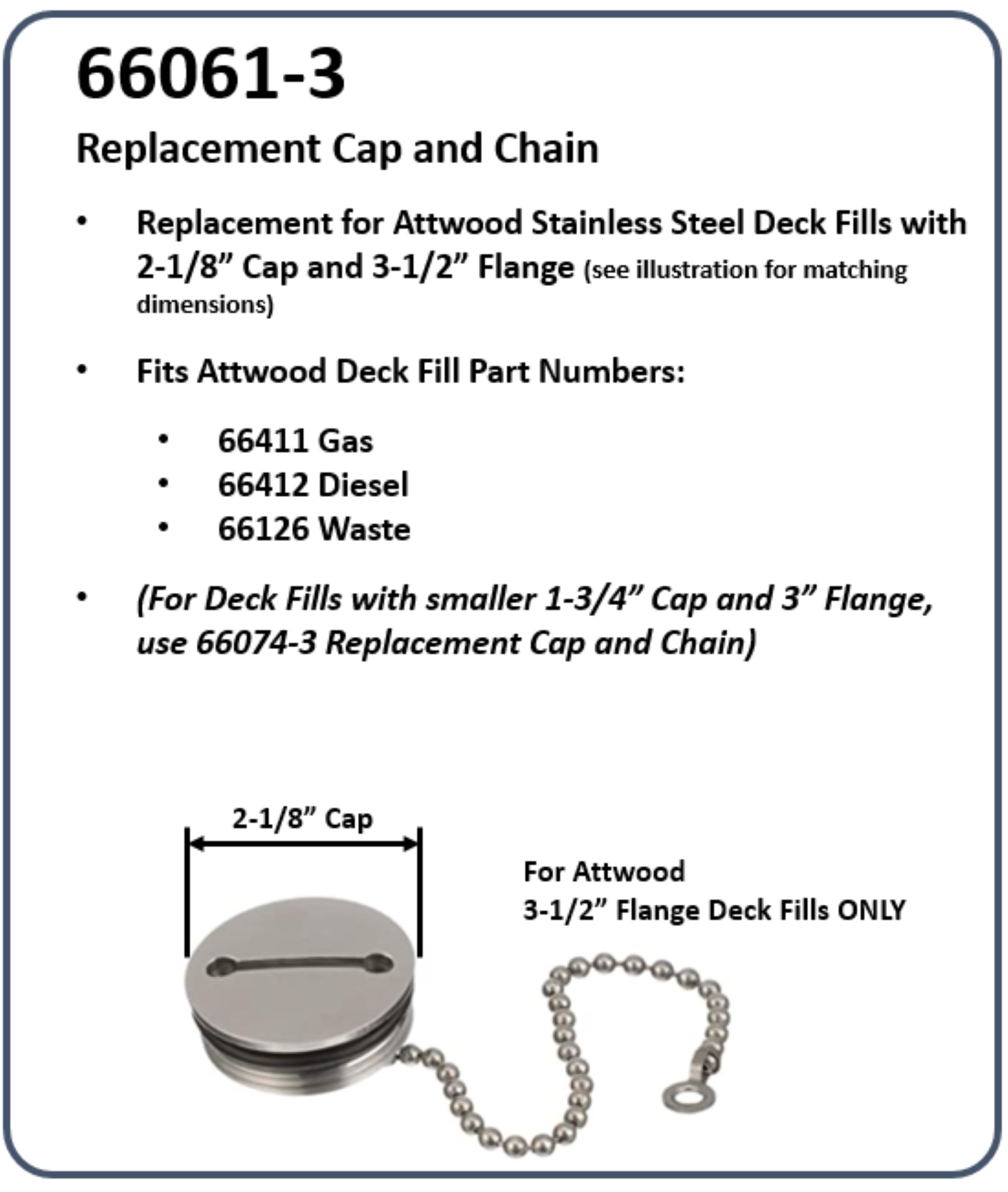 Attwood Stainless Steel Replacement 2" Deck Fill Cap with Chain - Boat Replacement Stainless Steel 2" Deck Fill Cap 66061-3 with Chain - Boat, Silver