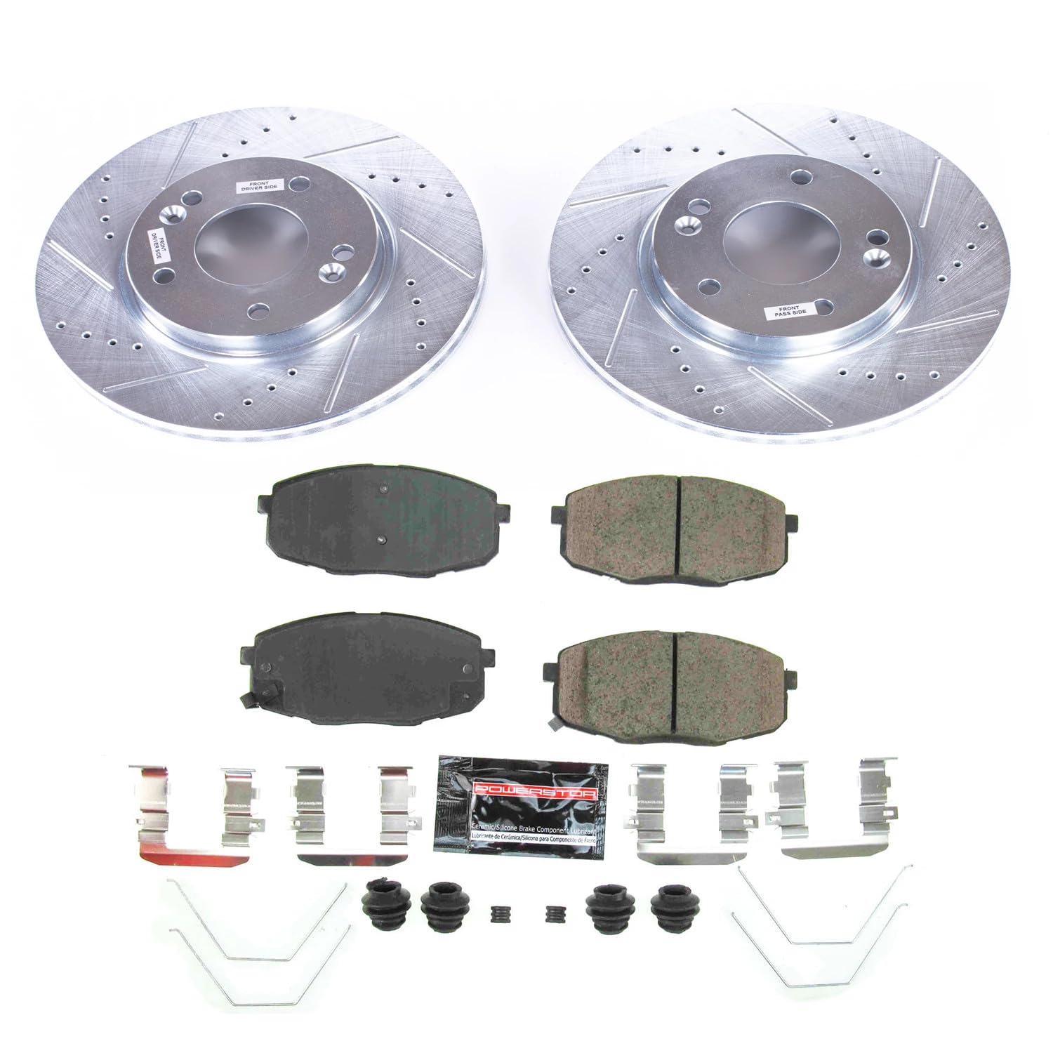 Power Stop K8279 Z23 Carbon Fiber Brake Pads Front with Drilled & Slotted Brake Rotors Kit For Hyundai Kona 2018-2022 [Model Specific]