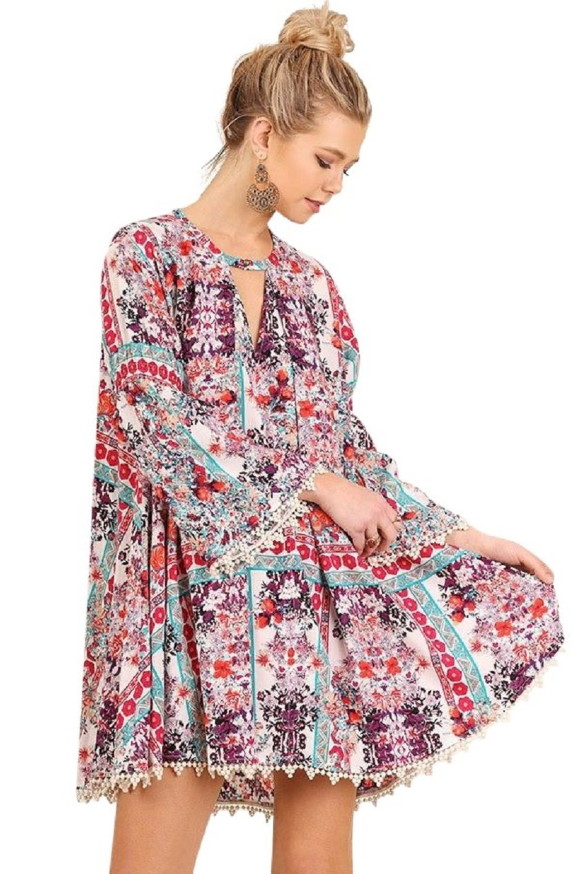 Umgee Boho USA Floral Print Hippie Dress Tunic with Keyhole Neckline and Bell Sleeves (Medium, BERRY MIX C0315)
