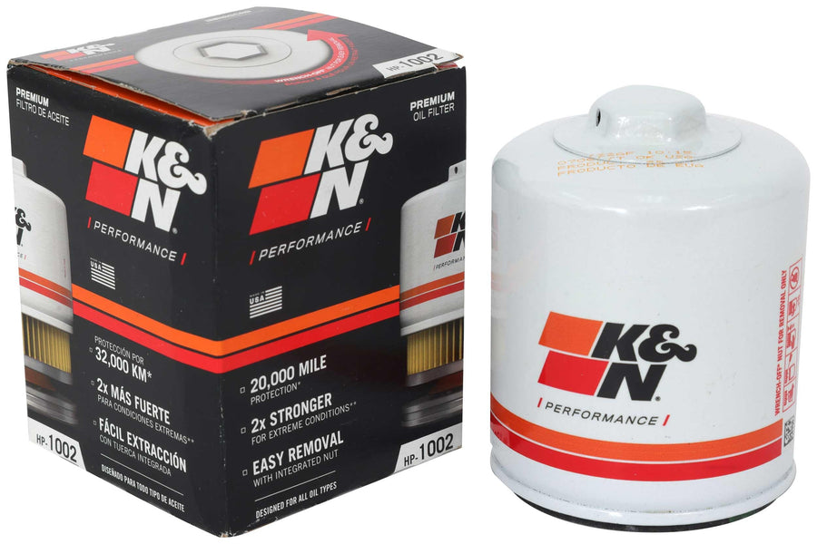 K&N Oil Filter Premium: 20,000 Mile Engine Protection with Wrench Off Nut: Compatible with Select 1981-2023 FORD/LINCOLN/TOYOTA/VOLKSWAGEN Vehicle Models (See Description for Select Models), HP-1002