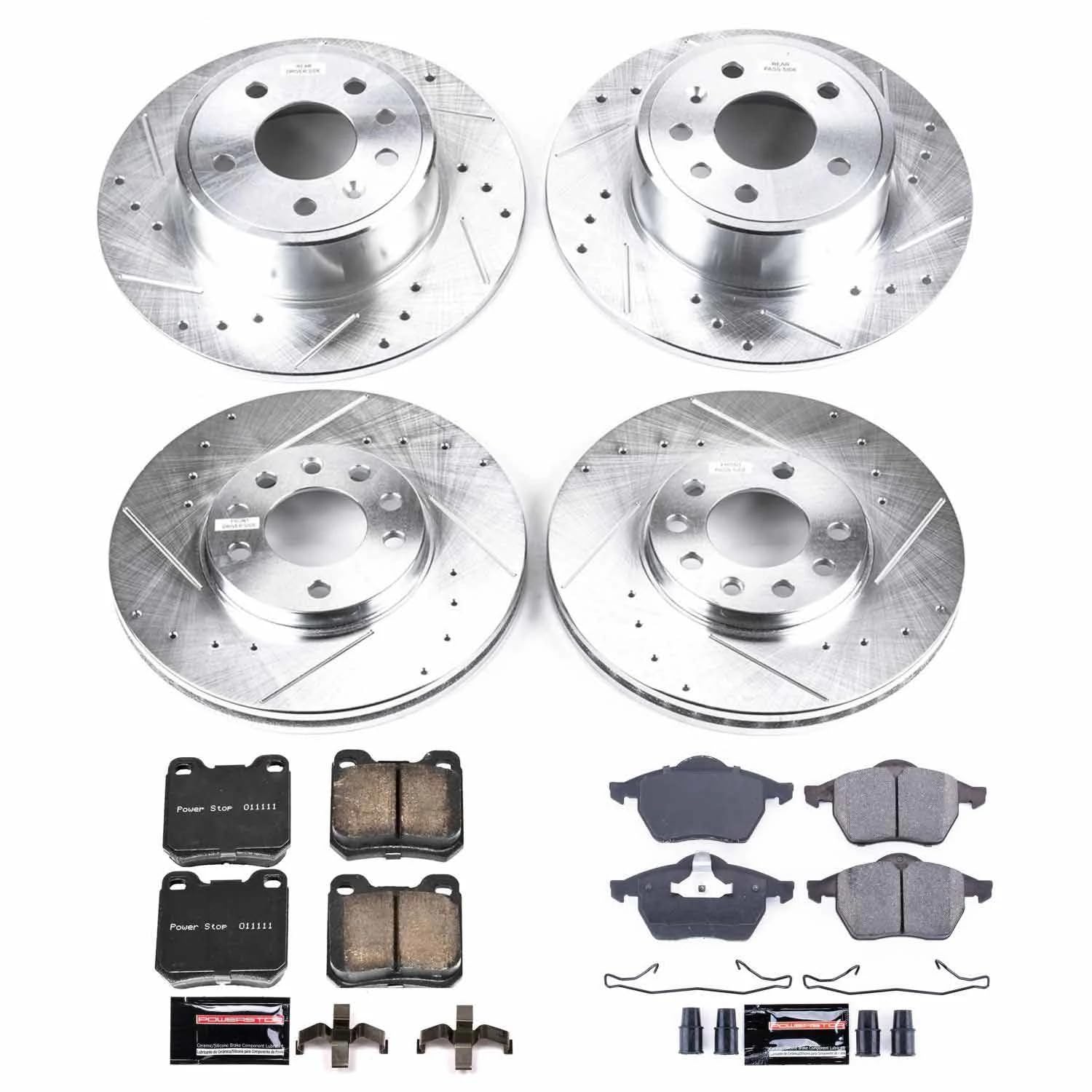 Power Stop K833 Z23 Carbon Fiber Brake Pads Front and Rear with Drilled & Slotted Brake Rotors Kit For Saab 900 1997-1998 [Model Specific]