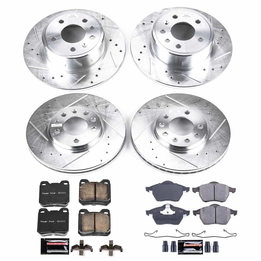 Power Stop K833 Z23 Carbon Fiber Brake Pads Front and Rear with Drilled & Slotted Brake Rotors Kit For Saab 900 1997-1998 [Model Specific]