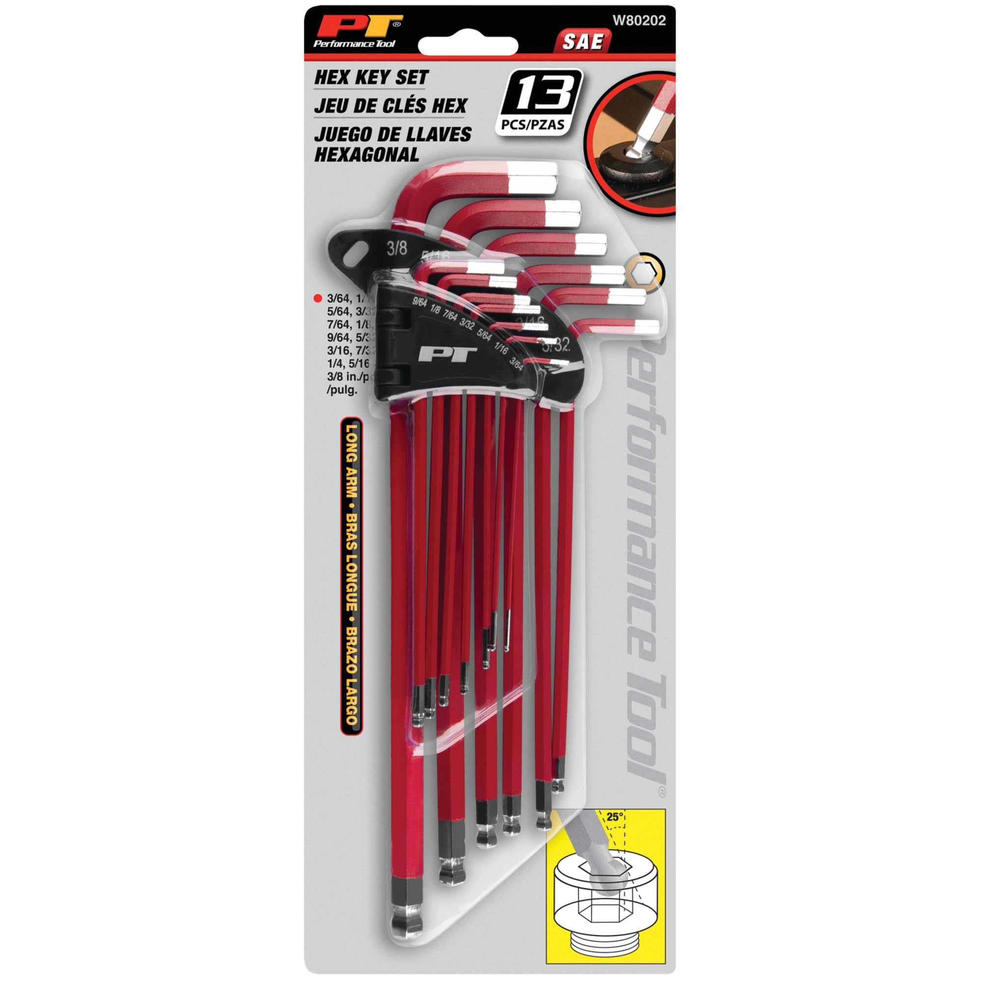 W80202 Performance Tool 13 Pc. SAE Long Arm Hex Key Set - Ball End for Angled Use, Powder-Coated, Storage Rail, Laser-Etched, Red