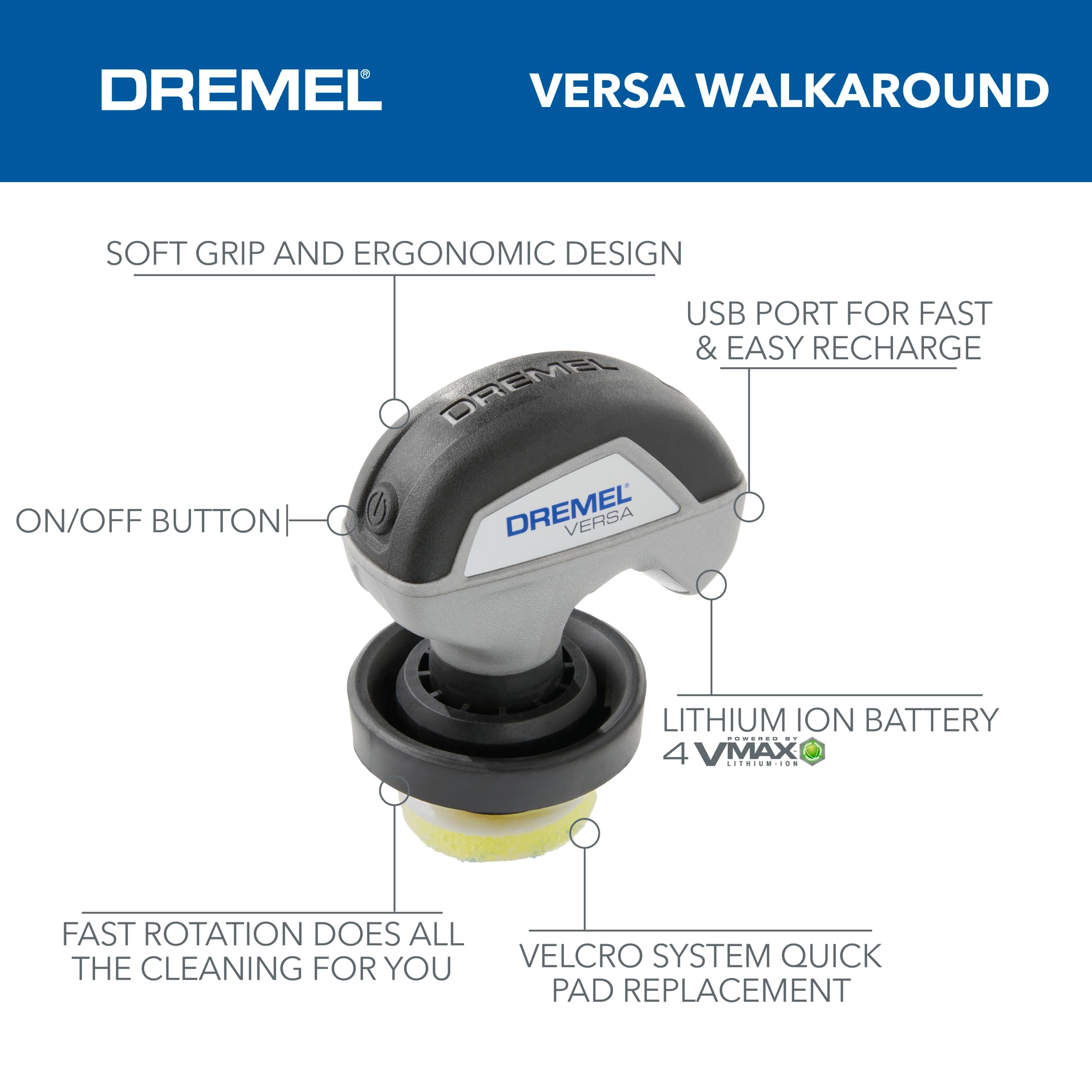 Dremel Power Scrubber Versa Kit with 5 Scrub Daddy Cleaning Sponge Pads - Waterproof Cordless Electric Spin Scrubber, High Speed, Multi-Surface Cleaning for Kitchen, Household, and Bathroom, PC10-07