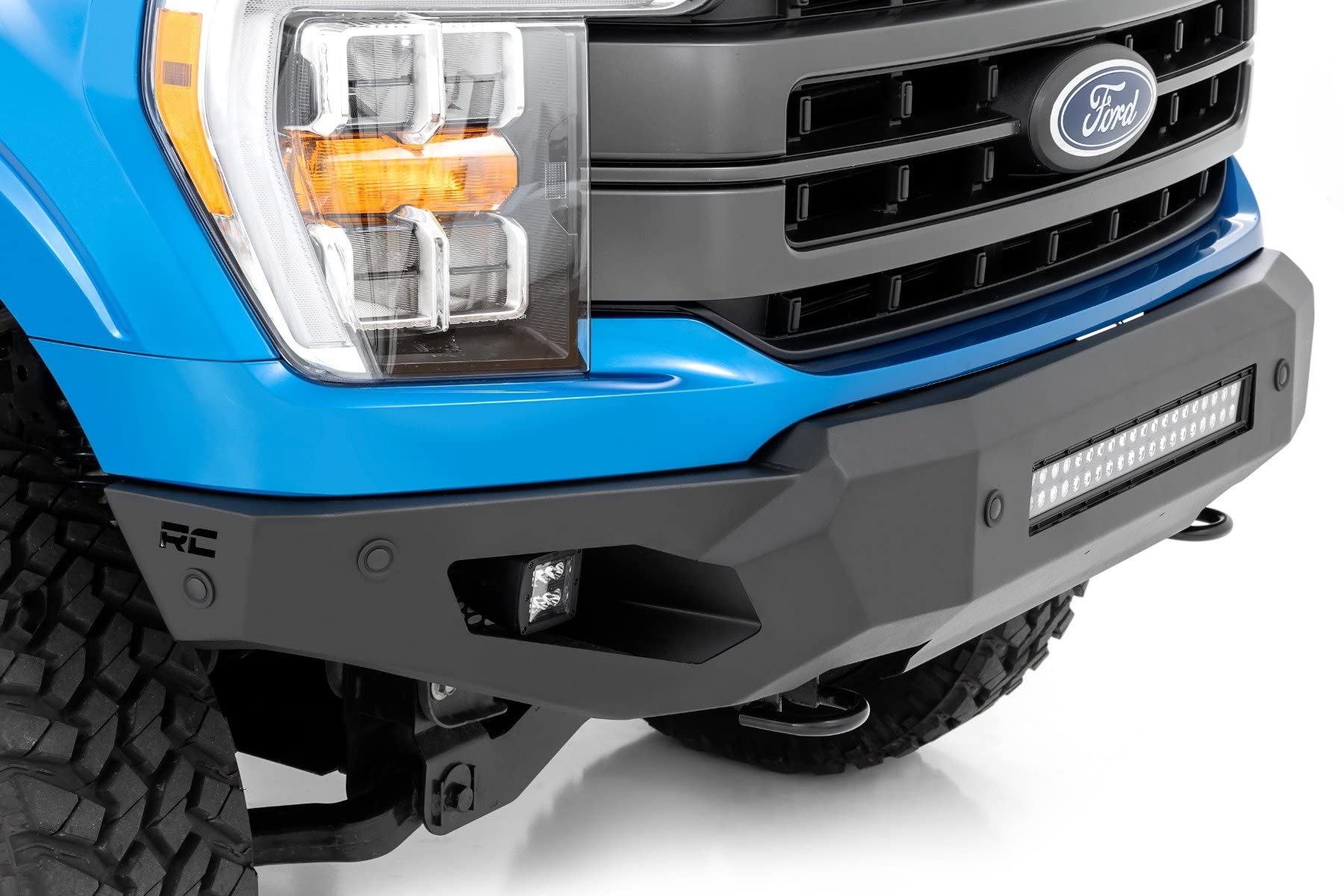 Rough Country Front High Clearance LED Bumper for Ford F-150 (2021–2023) - Steel Off-Road Protection w/Skid Plate, 20" Light Bar & 2" LED Cubes