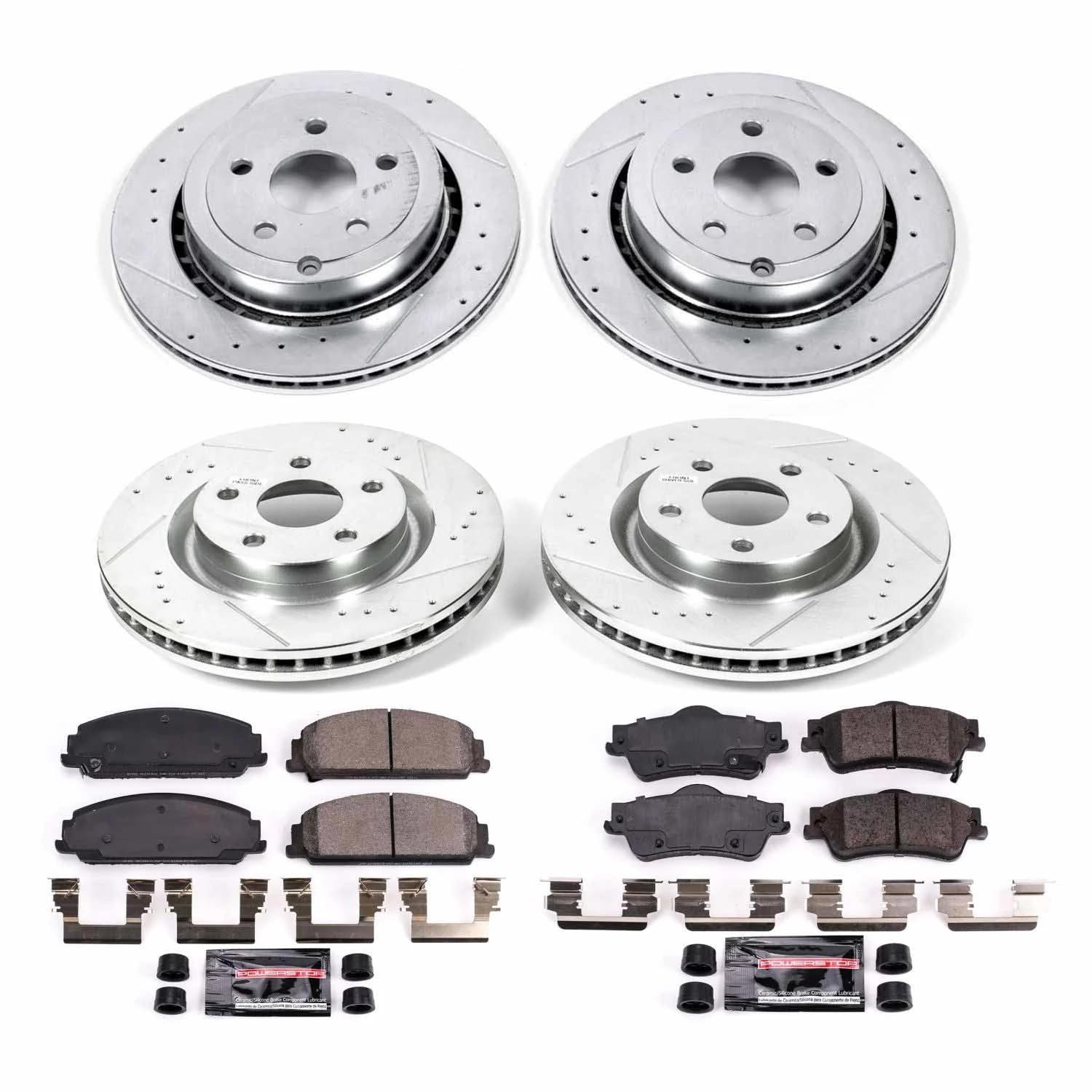 Power Stop K5530 Z23 Carbon Fiber Brake Pads Front and Rear with Drilled & Slotted Brake Rotors Kit For Pontiac G8 2008-2009 [Model Specific]