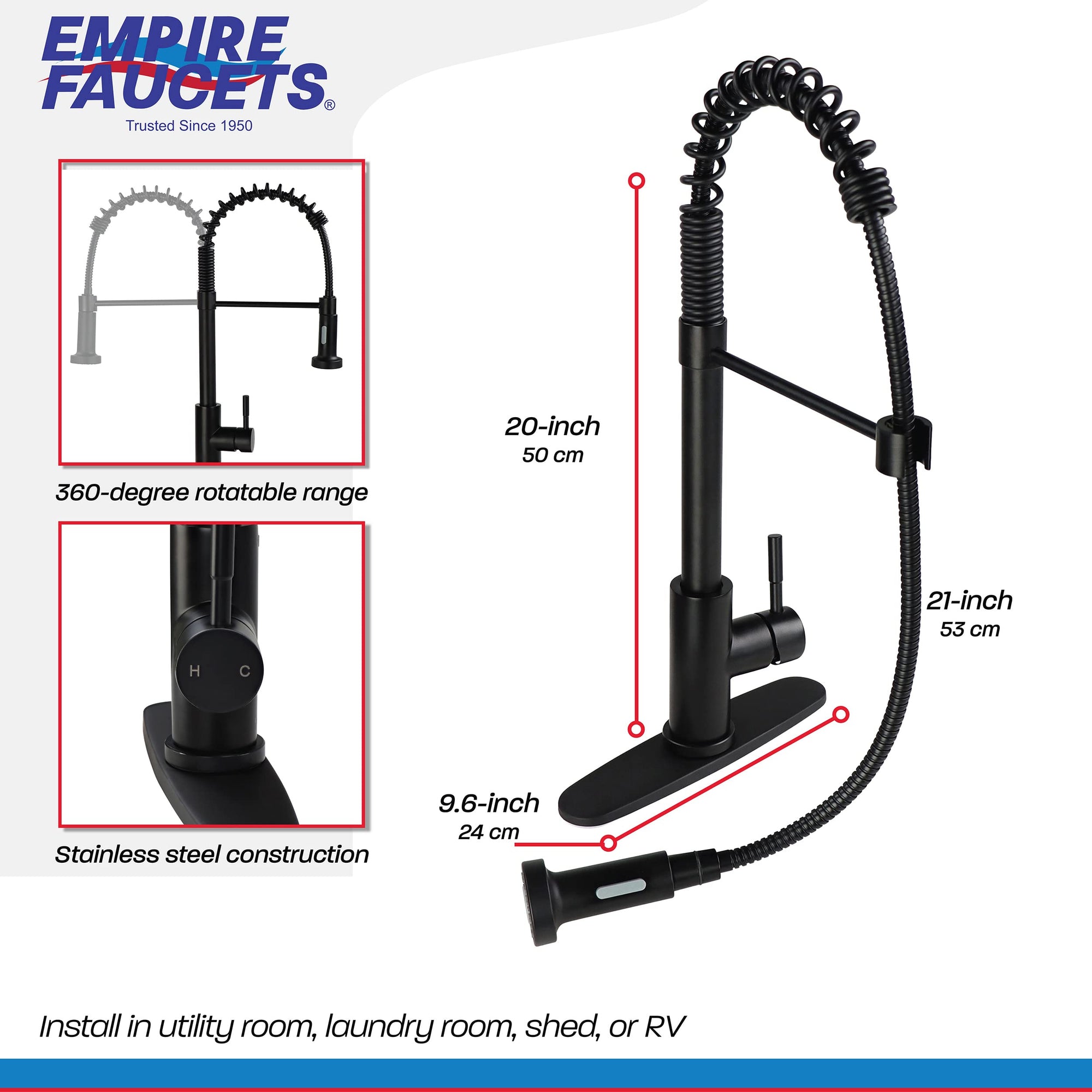 Kitchen Sink Faucet Empire Faucet - Black Brushed Nickel Pull Down Sprayer and Optional Deck Plate