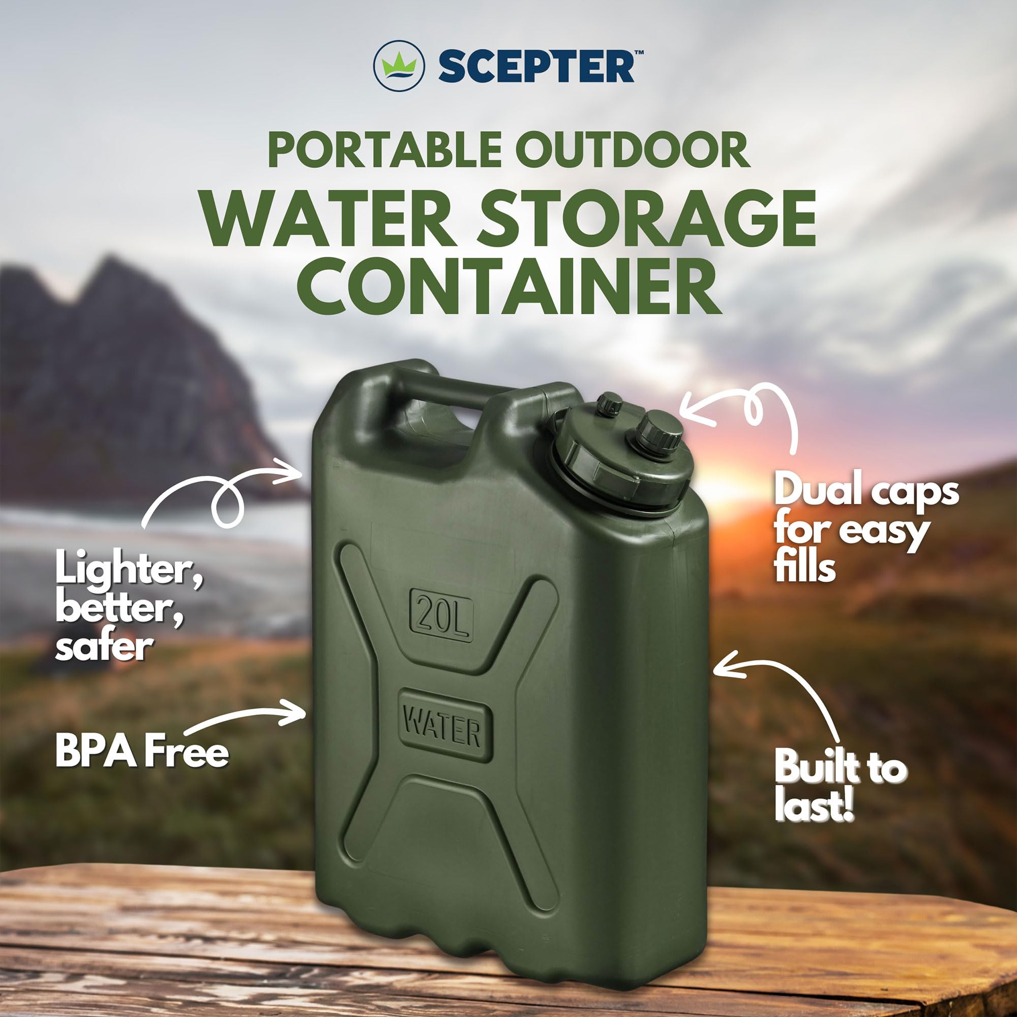Scepter Military Style Portable Water Container for Camping & Outdoors, 5 Gallon, Green - Heavy-Duty Plastic Beverage and Hydration Dispenser for Outdoor Trip