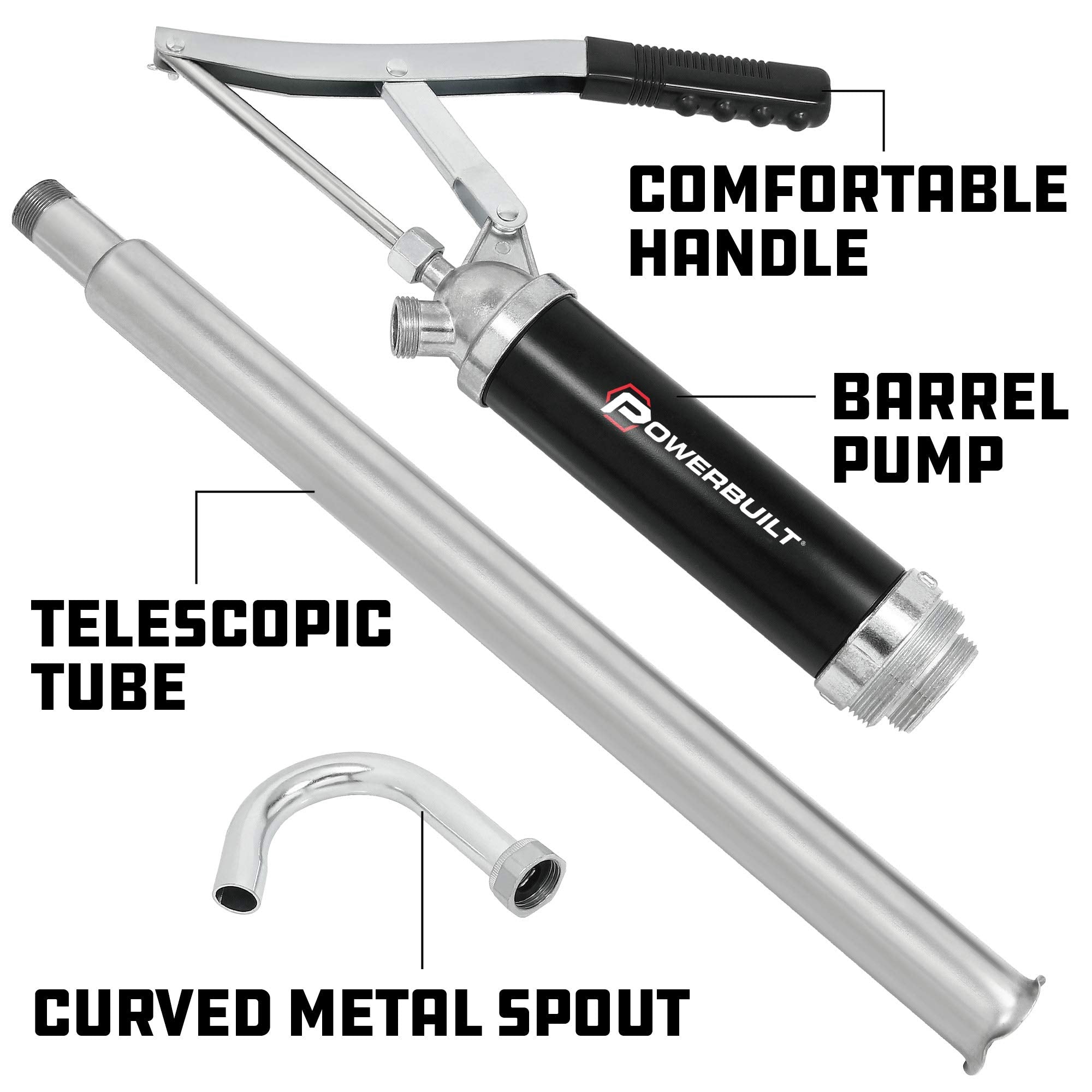 Powerbuilt Level Action Heavy Duty Barrel Pump, Drum Pump with Telescoping Suction Tube Fits 15 to 55 Gallon Drums, For Transferring Motor Oil, Heating Oil, Transmission Fluid- 648770