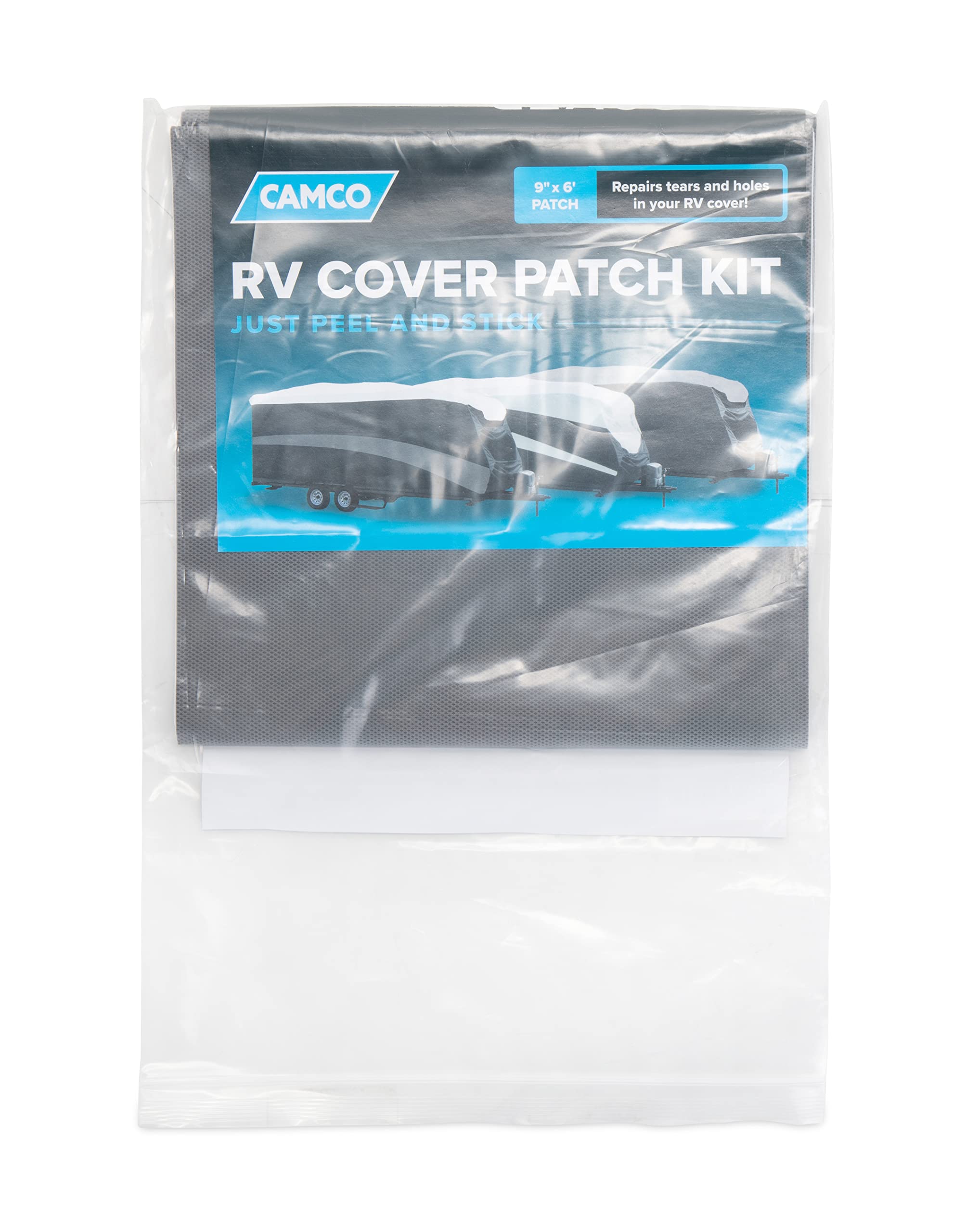 Camco Camper & RV Cover ULTRAGuard Patch Kit - Repairs Holes and Tears in Trailer Cover - Features Easy Peel & Stick Application - 9-Inches x 6-Feet (45795)