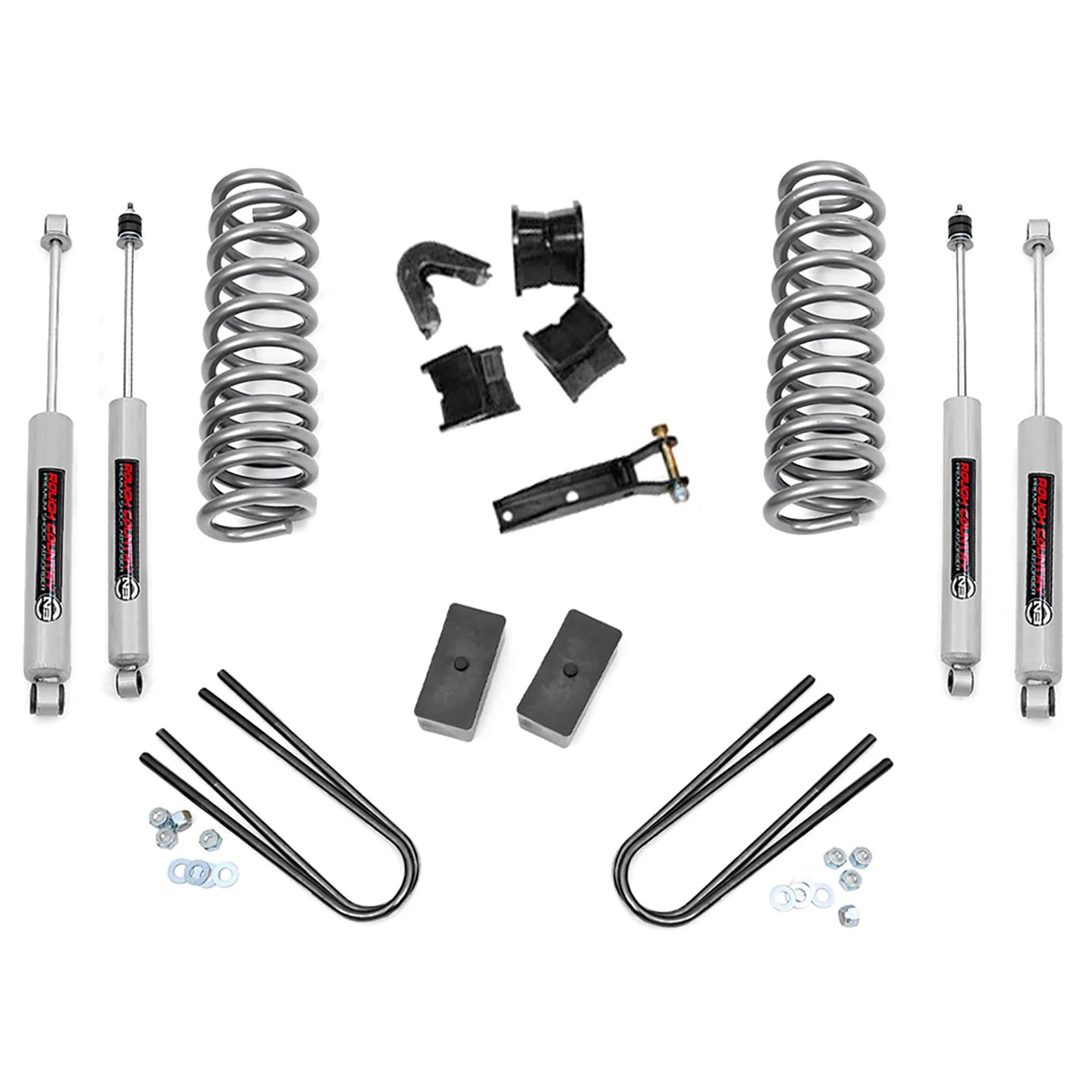 2.5" Rough Country Suspension Lift Kit for Ford F-100/F-150 4WD (1977-1979) - N3 Shocks, Front Coil Springs, C-Bushings & Lift Blocks, Fits Up to 33" Tires