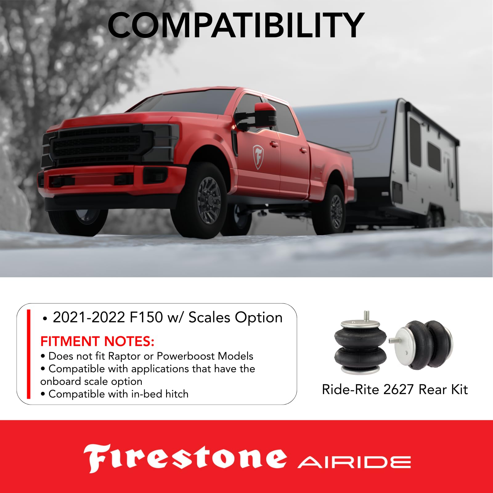 Firestone 2627 Airide Ride-Rite Rear Air Springs Kit fits 2021-2025 F150 With Scales Option | 5-100 PSI | No Drill Installation | Load Capacity of 5,000 Pounds