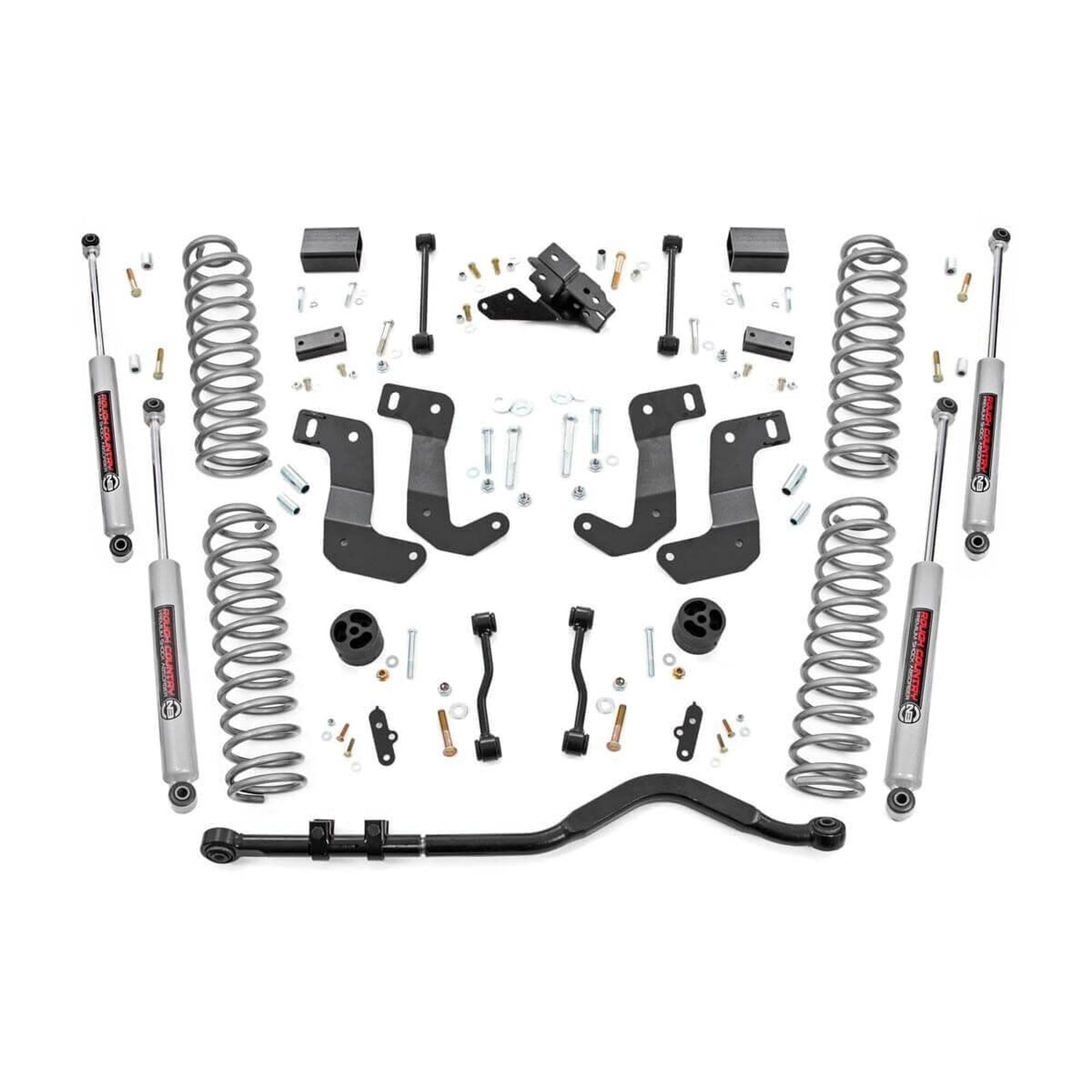 3.5" Rough Country Lift Kit w/ N3 Shock Absorbers for Jeep Wrangler JL 2-Door (2024-2025) - Includes Front & Rear Shocks, Control Arm Drop Brackets, Lifted Coil Springs