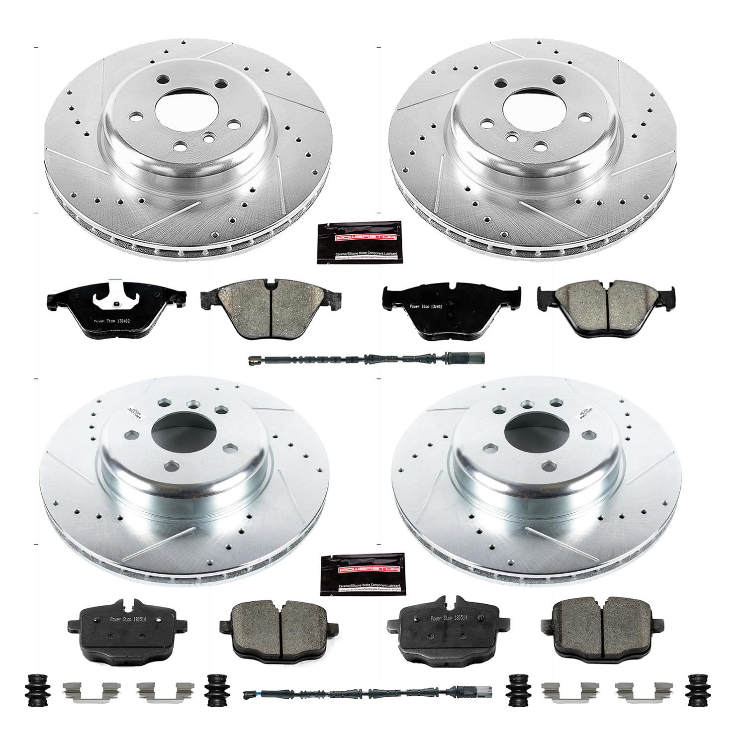 Power Stop K7552 Z23 Carbon Fiber Brake Pads Front and Rear with Drilled & Slotted Brake Rotors Kit For BMW 640i, 640i Gran Coupe, 640i xDrive, 640i xDrive Gran Coupe [Model Specific]