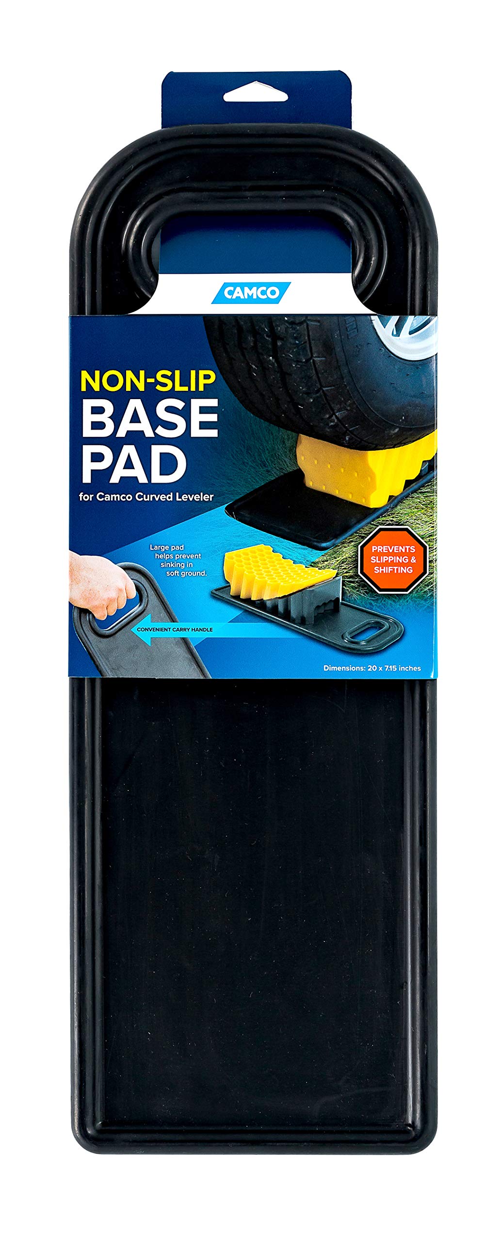 Camco Non-Slip Base Pad for Camper/RV Curved Levelers and Wheel Chocks - Keeps RV Wheel Chocks & Curved RV Leveling Blocks from Shifting - Features Built-in Carry Handles - Crafted of Rubber (44426)
