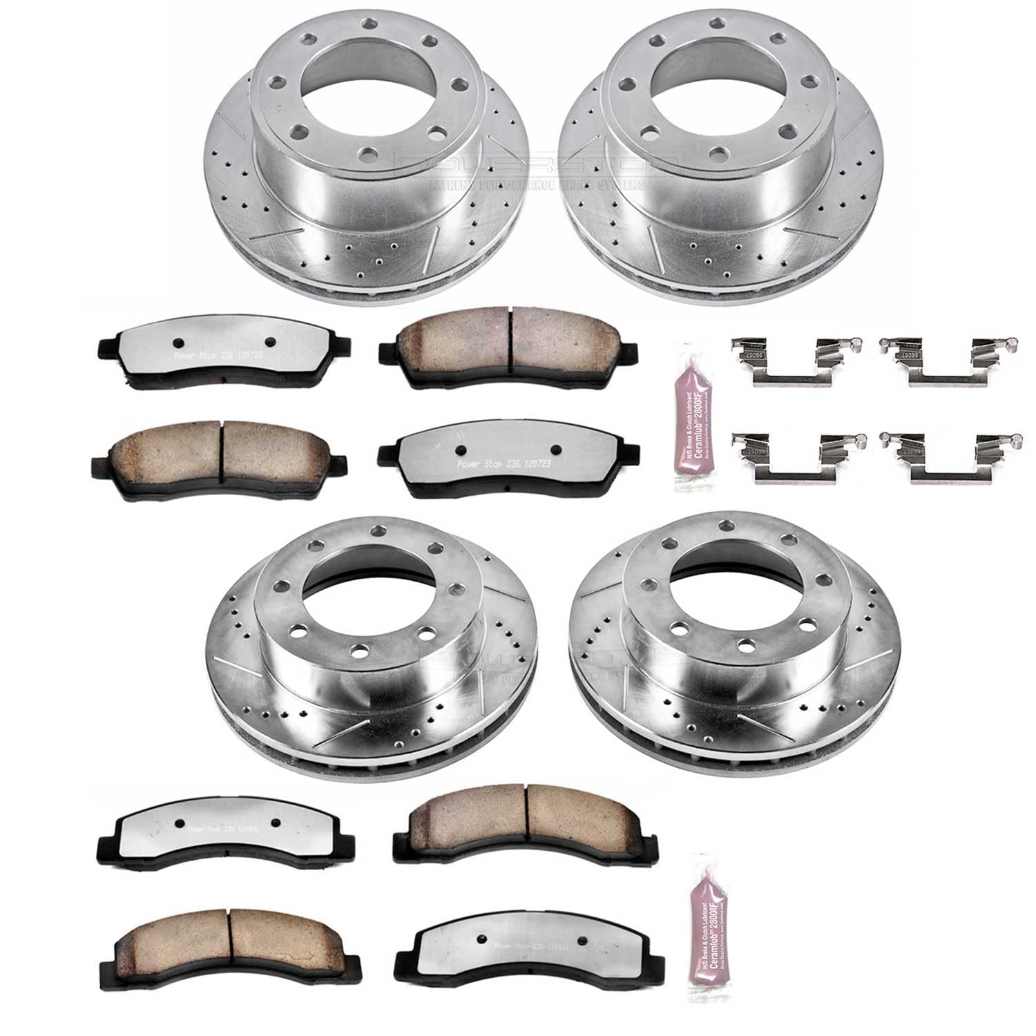 Power Stop K1886-36 Z36 Truck & Tow Front and Rear Brake Kit, Carbon Fiber Ceramic Brake Pads and Drilled/Slotted Brake Rotors For Ford F-350 Super Duty 1999 [Model Specific]