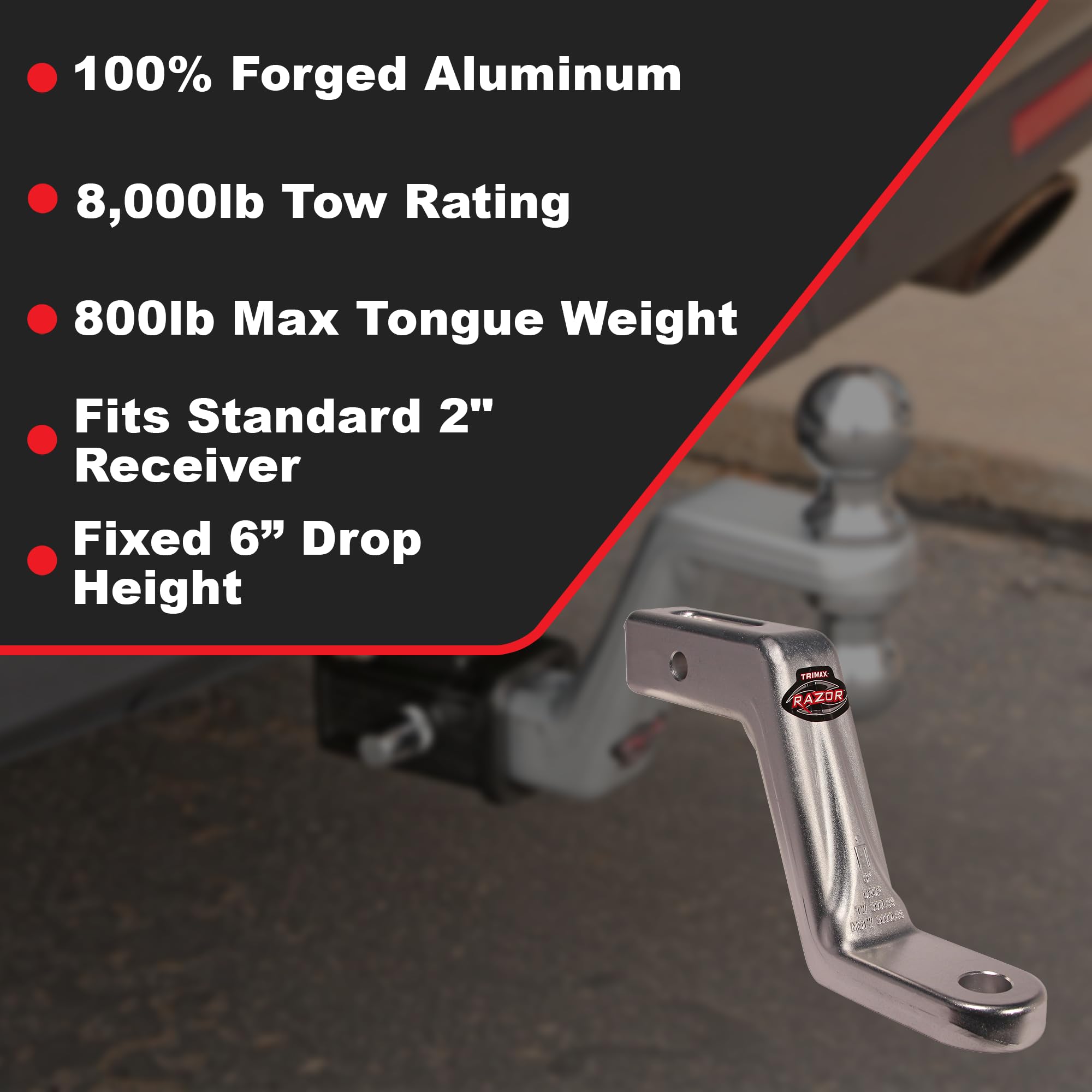 Trimax 6 Inch TRZ6ALFM Forged Aluminum Drop Hitch, Truck, Camper, Trailer, Towing, Fixed Ball Mount Drop Hitch 2 Inch Receiver - 8,000 Ib Tow Rating, 800 lb Tongue Capacity