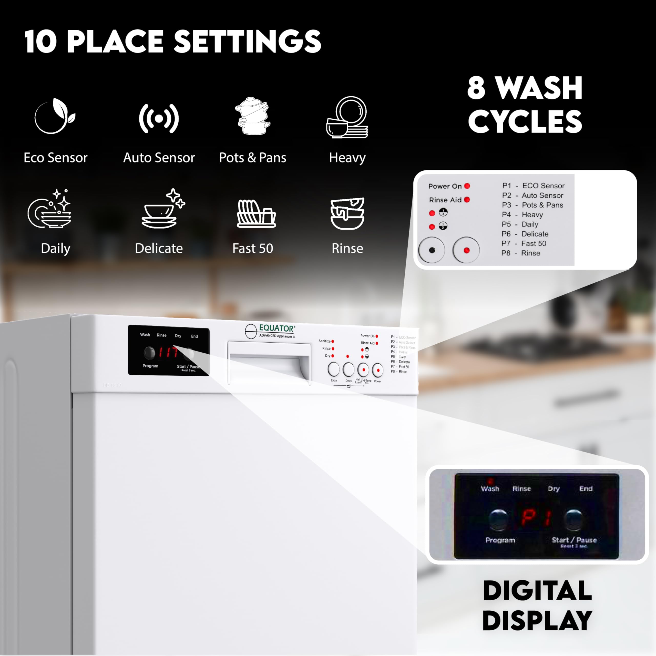 Equator 18" Built in Dishwasher 10 Place Wine Rack 8 Wash Sensor Delay 1/2 Load 110V E-Star ADA in White