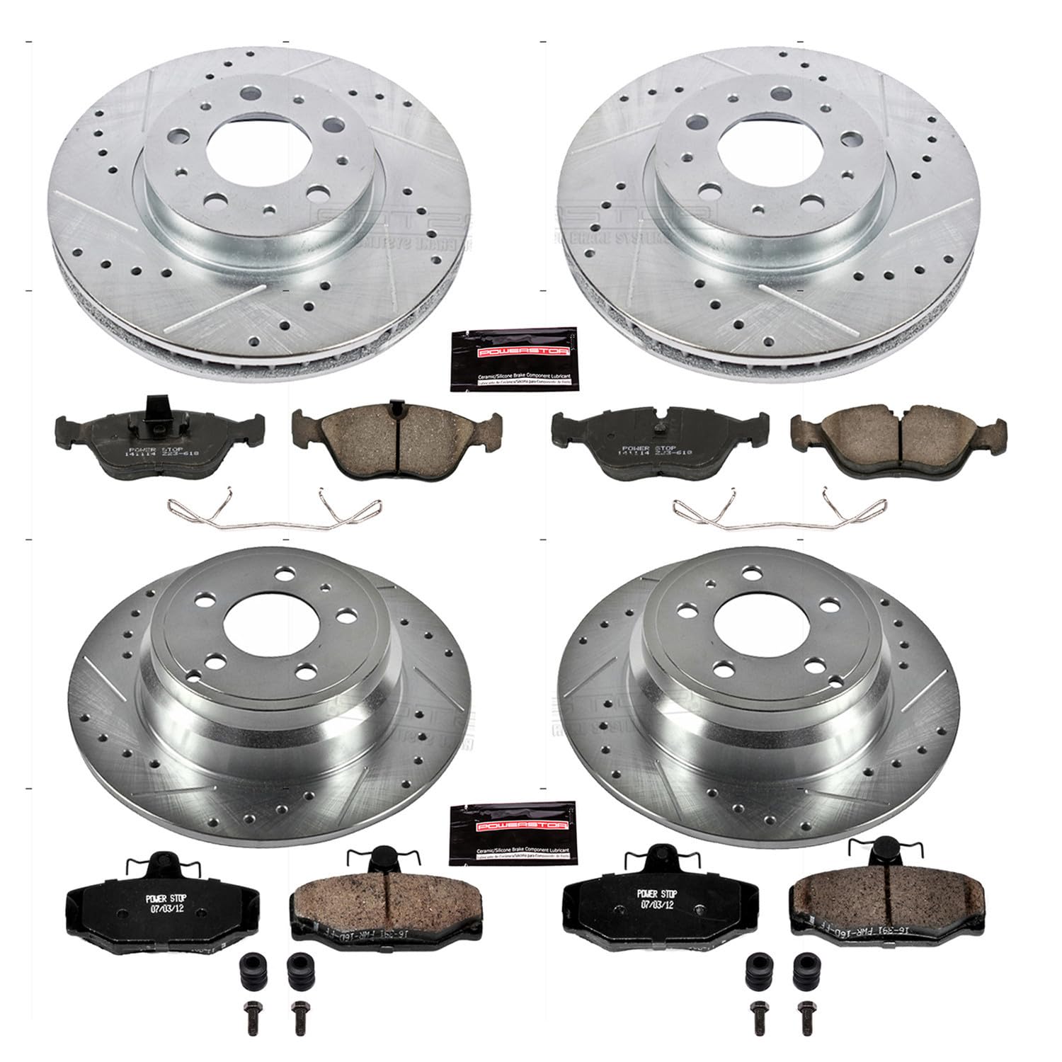 Power Stop K7498 Z23 Carbon Fiber Brake Pads Front and Rear with Drilled & Slotted Brake Rotors Kit For Volvo 850 1997 [Model Specific]