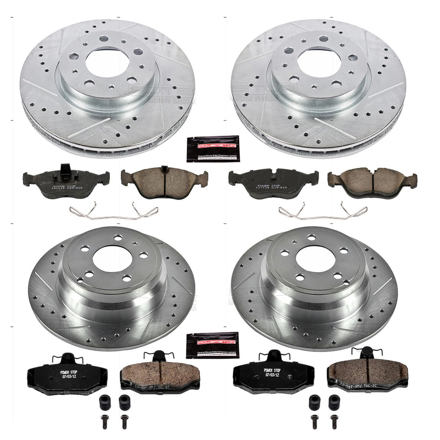 Power Stop K7498 Z23 Carbon Fiber Brake Pads Front and Rear with Drilled & Slotted Brake Rotors Kit For Volvo 850 1997 [Model Specific]