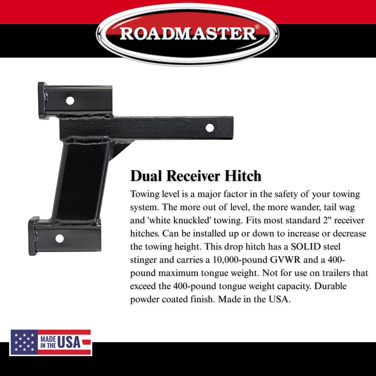 Dual Receiver Hitches Roadmaster 077-10 with 2" Top and 10" Bottom Offset fits 2" Receiver Hitch | 10,000 lbs Towing Capacity | 400 lbs Max Tongue Weight | Durable Powder Coat Finish | Made in the USA