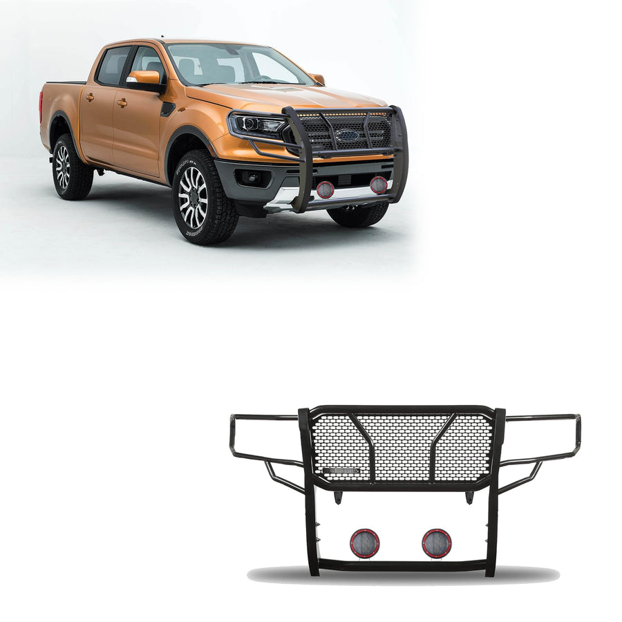 Heavy Duty Black Horse Rugged Grille Brush Bumper Guard Modular Black Come with Pair of 5.3" Dia.LED Lights with Red Trim Rings Compatible with 2019-2023 Ford Ranger-RU-FORA19-B-PLFR