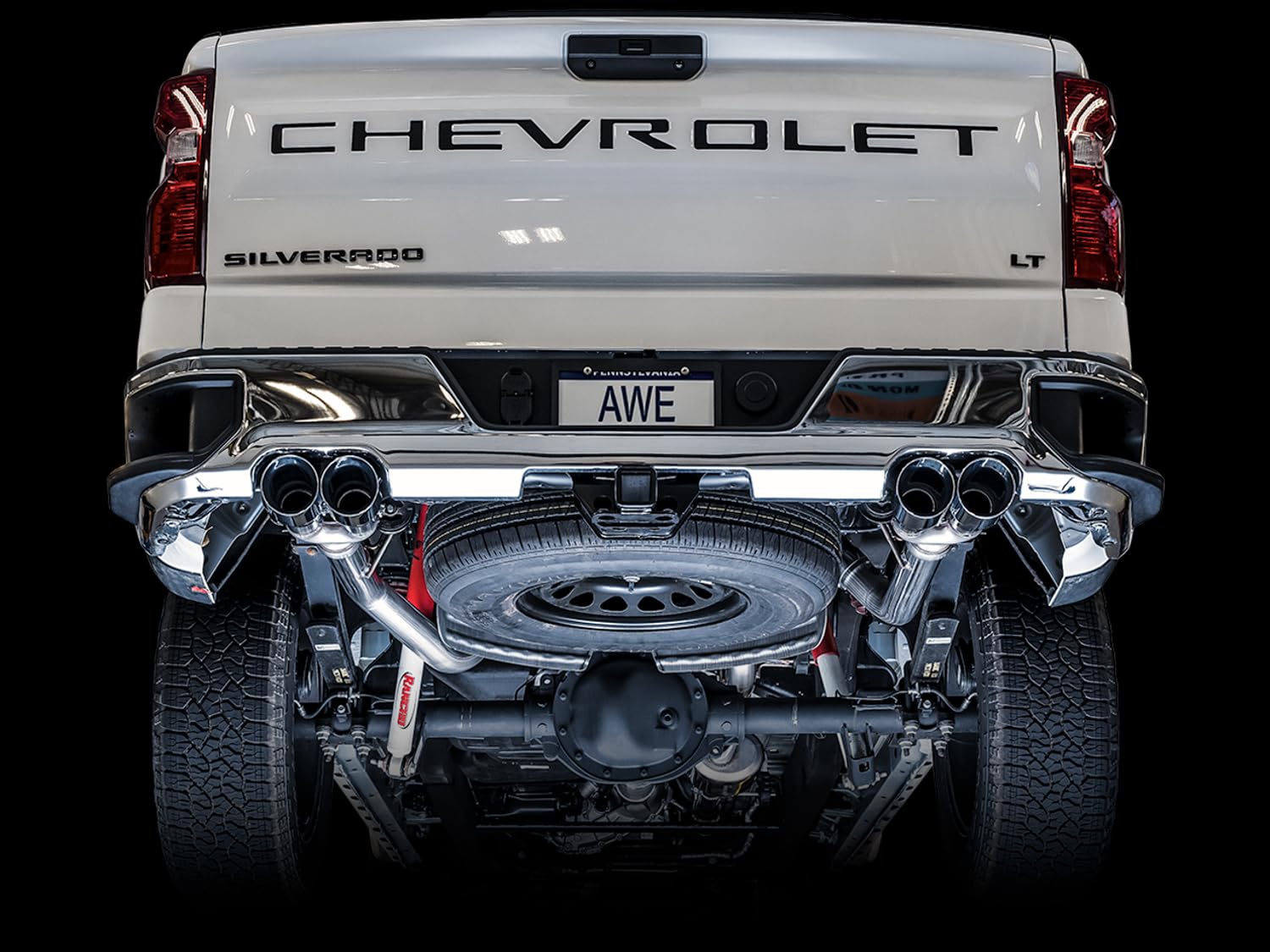 4th Gen AWE Tuning GM 1500 5.3L 0FG Catback Split Rear Exit (w/Bumper Cutouts) - Quad Chrome Tips - 3015-42201