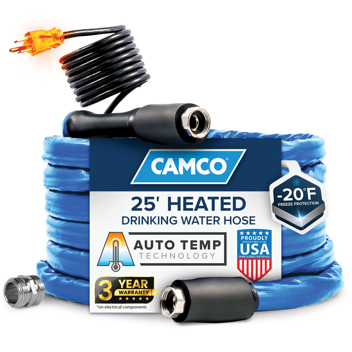 25-Ft Camco Heated Water Hose for RV - Water Line Freeze Protection Down to -20°F/-28°C - Features Energy-Saving Thermostat & Includes Adapter for Connection to Either End of Hose (22911)