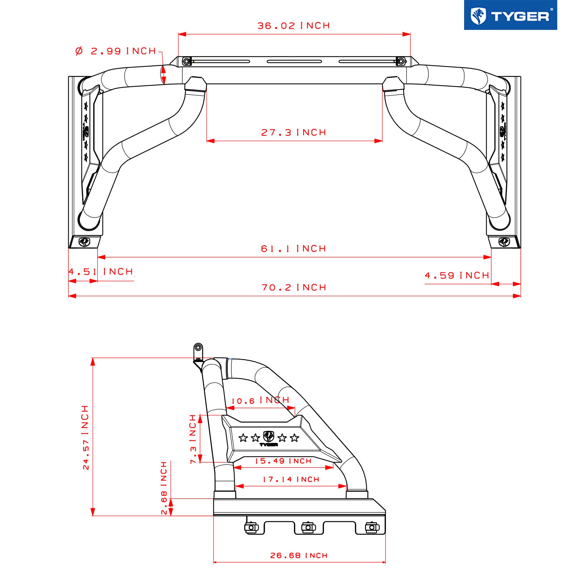Sport Bar Tyger Auto Compatible with 2022-2026 Toyota Tundra (Not fit SR) | 5.5/6.5' Bed | TG-SB7T88728 | Textured Black | Light Mount | Roll Bar